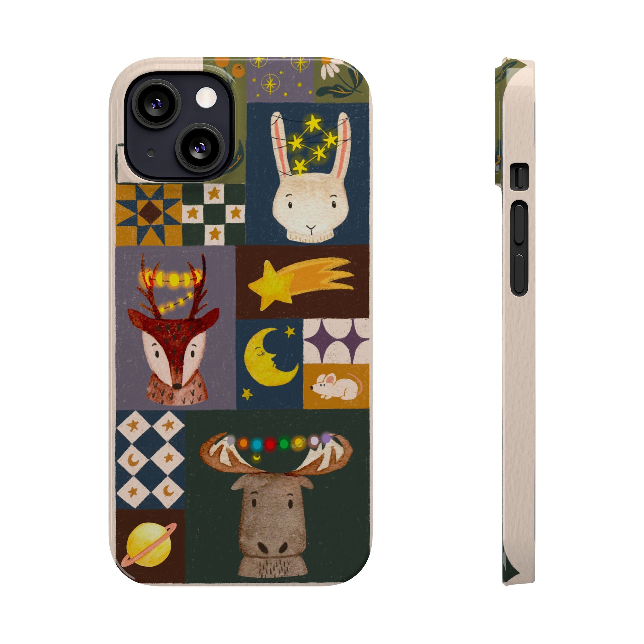 Holiday Night Sky Slim Case, Cute Forest Creatures iPhone Cover, Bunny Deer Moose, iPhone 7 8 X XR XS 11 12 13 14 15 16
