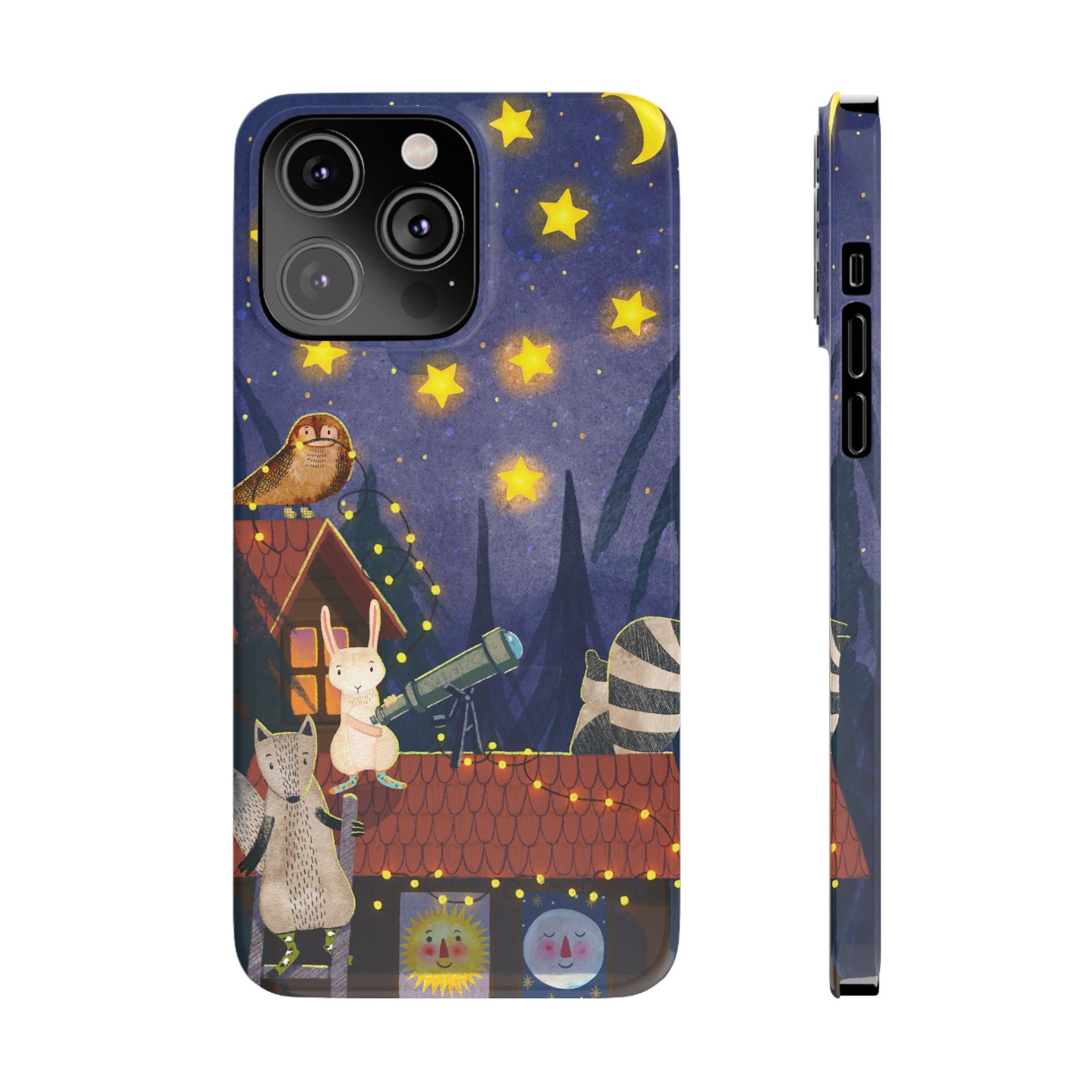 Stargazing Animals Slim iPhone Case, Night Sky Observatory Cover, Cute Forest Gift, Starry Night Gift, iPhone 16 15 14 13 12 11 X XR XS 8 7