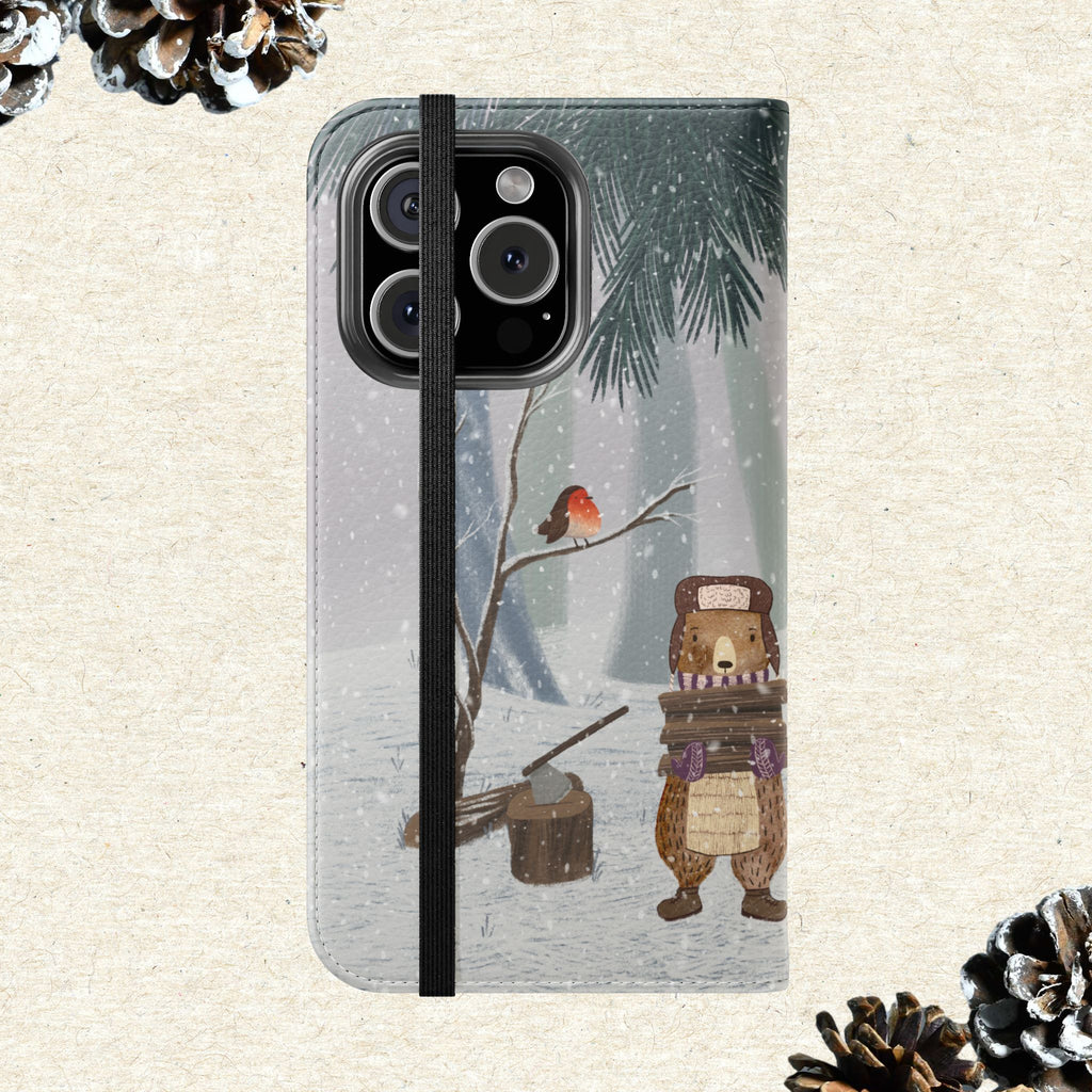Winter Forest Friends Wallet Case, Woodland Flip Cover, Vegan Leather, Snowy Scene, Cozy Holiday, iPhone 11 12 13 14 15 16, Galaxy S21 S22