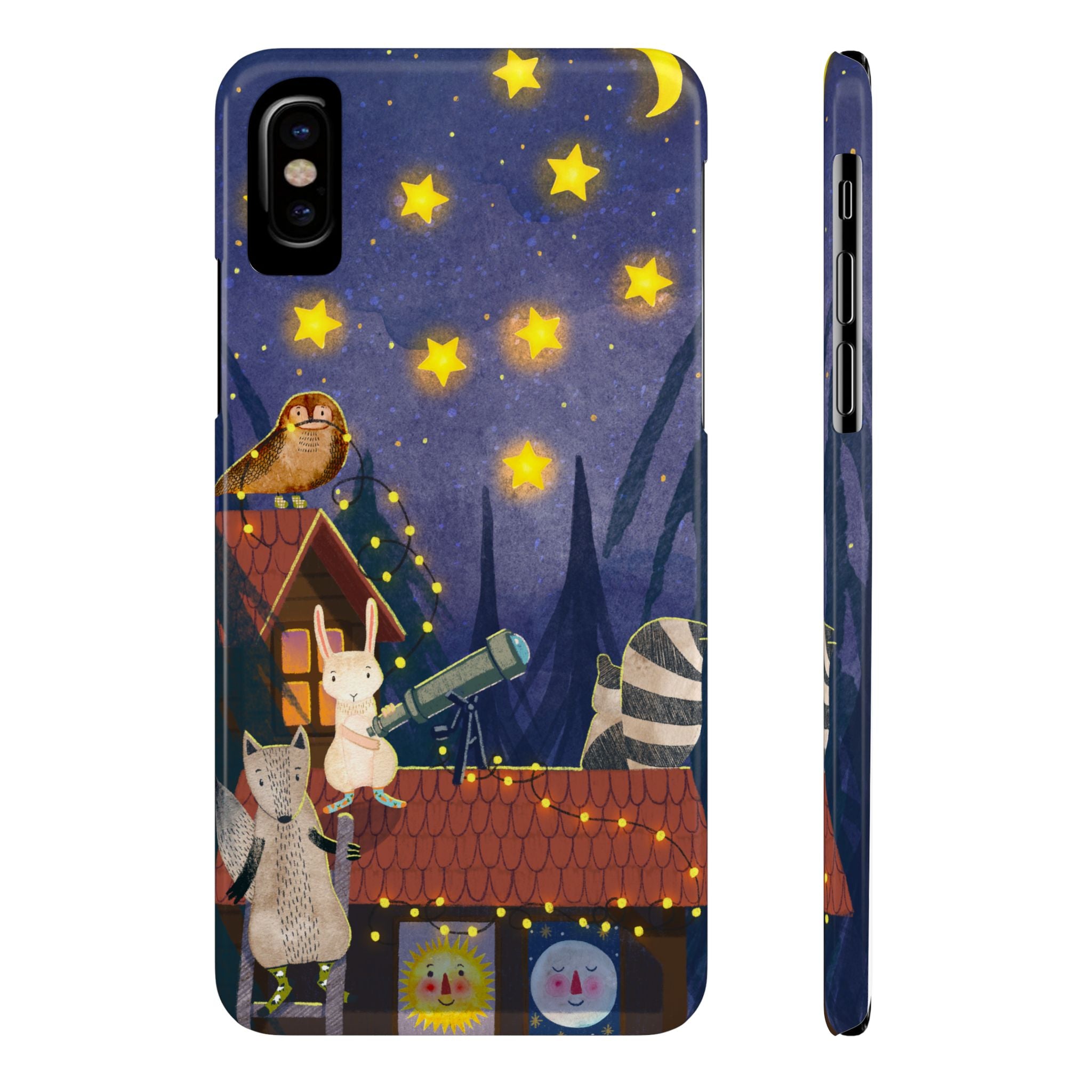 Stargazing Animals Slim iPhone Case, Night Sky Observatory Cover, Cute Forest Gift, Starry Night Gift, iPhone 16 15 14 13 12 11 X XR XS 8 7