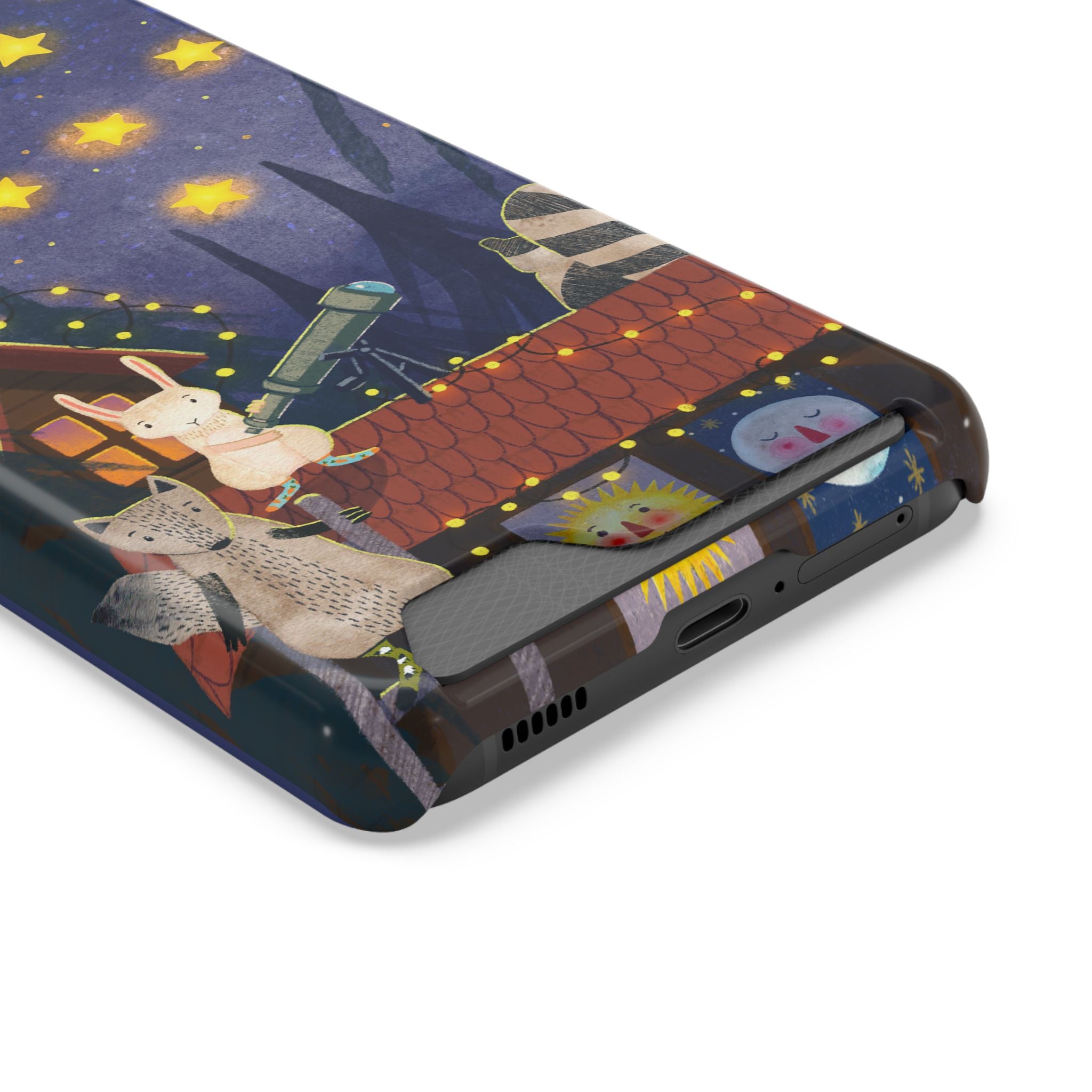 Stargazing Animals Phone Case With Card Holder - Cute Animal Design for Kids, Gift for Urban Explorers, Night Sky Vibes, Fun Accessory