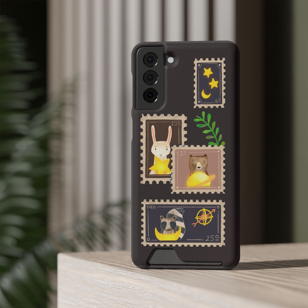 Animal Phone Case with Card Holder - Cute Raccoon, Bear & Bunny Design for iPhone 13 Samsung Galaxy S21/S22 - Pet Lovers Night Sky Style
