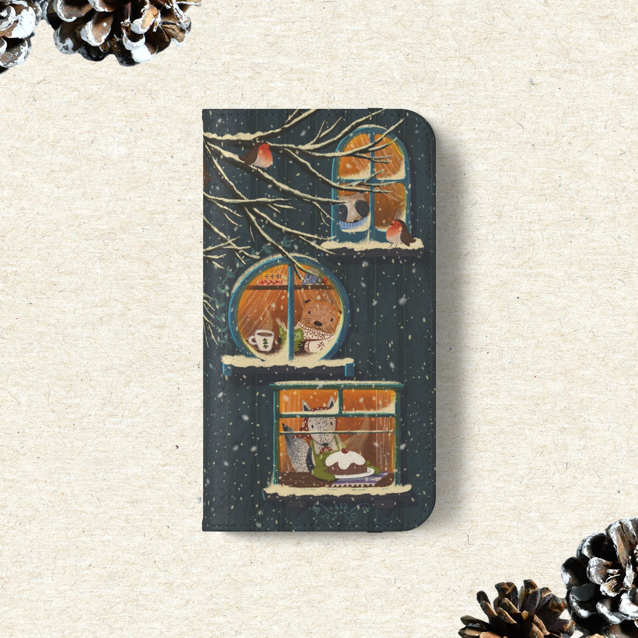 Cozy Winter Cottage Wallet Case, Cute Animals Flip Cover, Vegan Leather, Cozy Vibes, Gift Idea for iPhone 11 12 13 14 15 16, Galaxy S21 S22