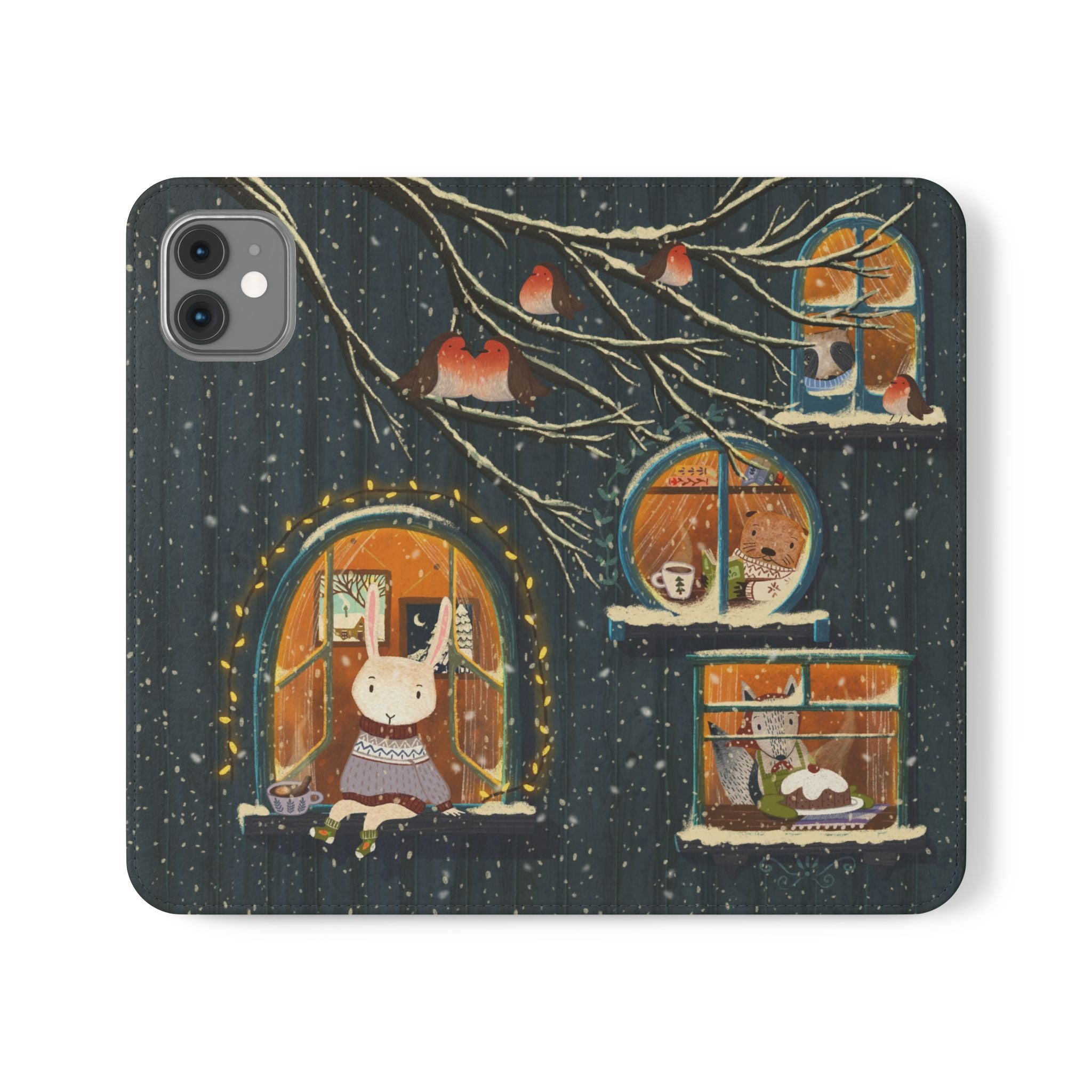 Cozy Winter Cottage Wallet Case, Cute Animals Flip Cover, Vegan Leather, Cozy Vibes, Gift Idea for iPhone 11 12 13 14 15 16, Galaxy S21 S22