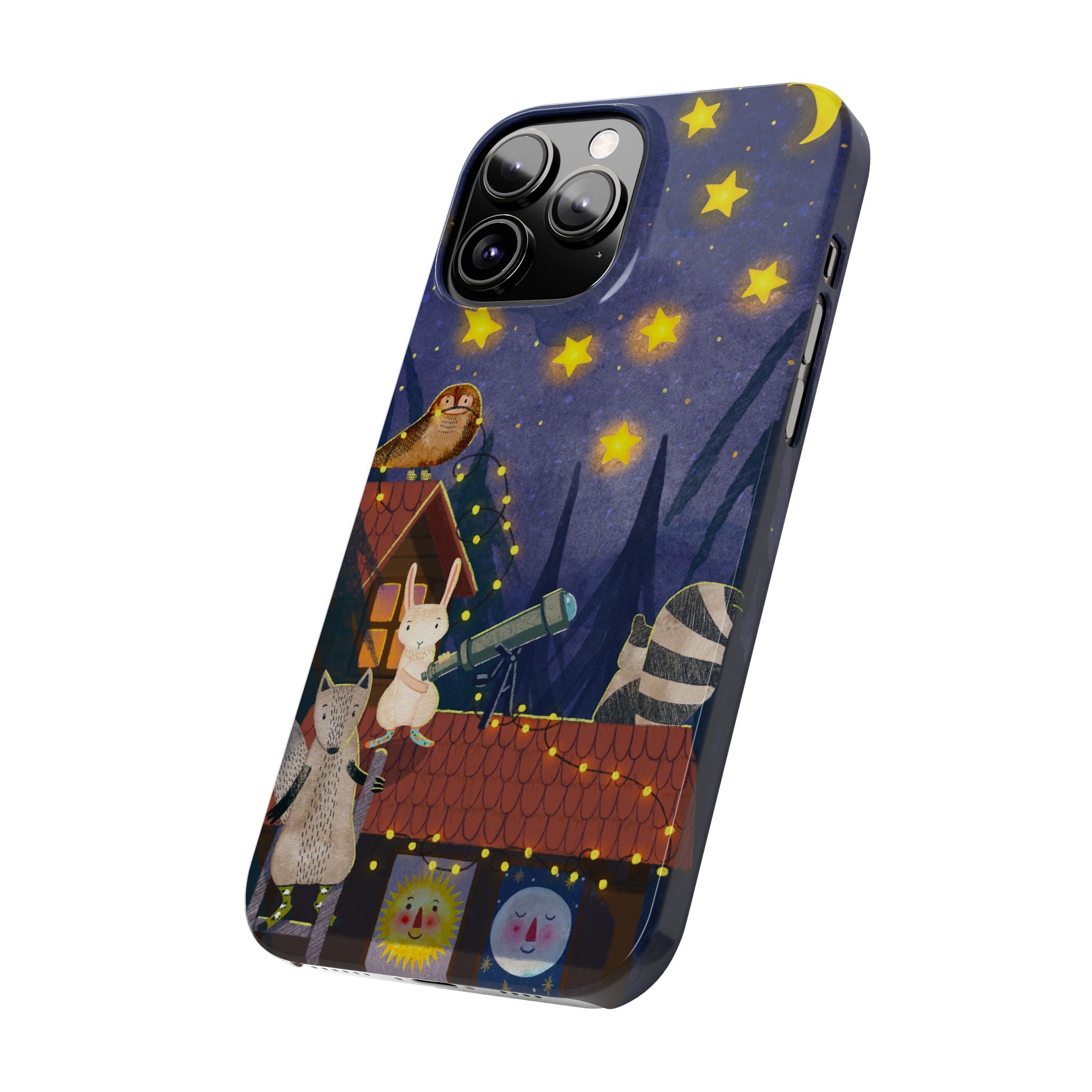 Stargazing Animals Slim iPhone Case, Night Sky Observatory Cover, Cute Forest Gift, Starry Night Gift, iPhone 16 15 14 13 12 11 X XR XS 8 7