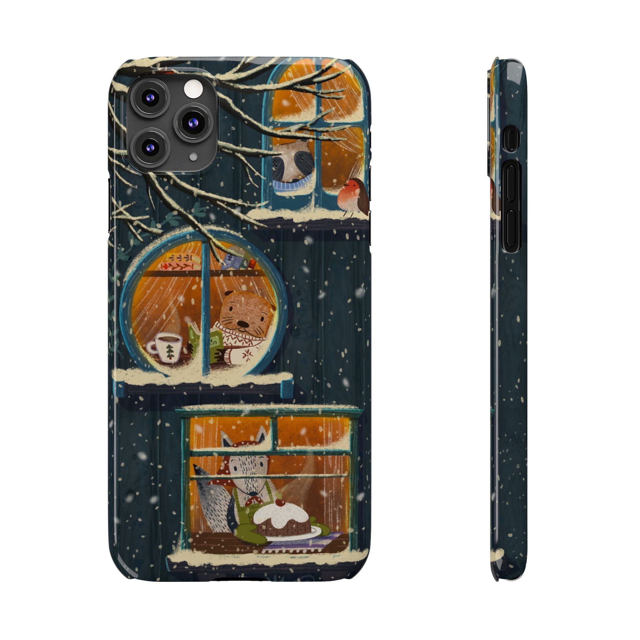Cute Winter Animals Cozy Home iPhone Case, Woodland Cottage Cover, Treehouse at Night, Raccoon Bear Fox, iPhone 16 15 14 13 12 11 X XR 8 7