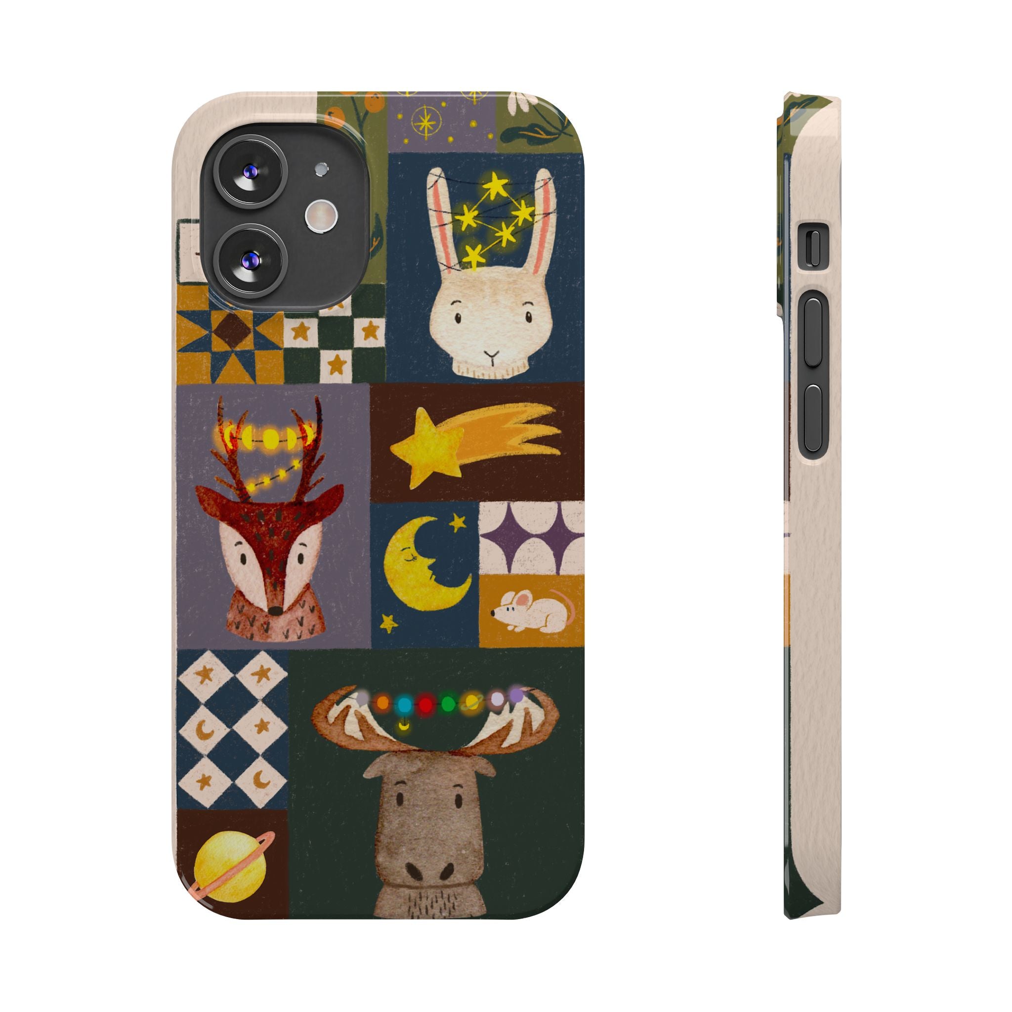 Holiday Night Sky Slim Case, Cute Forest Creatures iPhone Cover, Bunny Deer Moose, iPhone 7 8 X XR XS 11 12 13 14 15 16