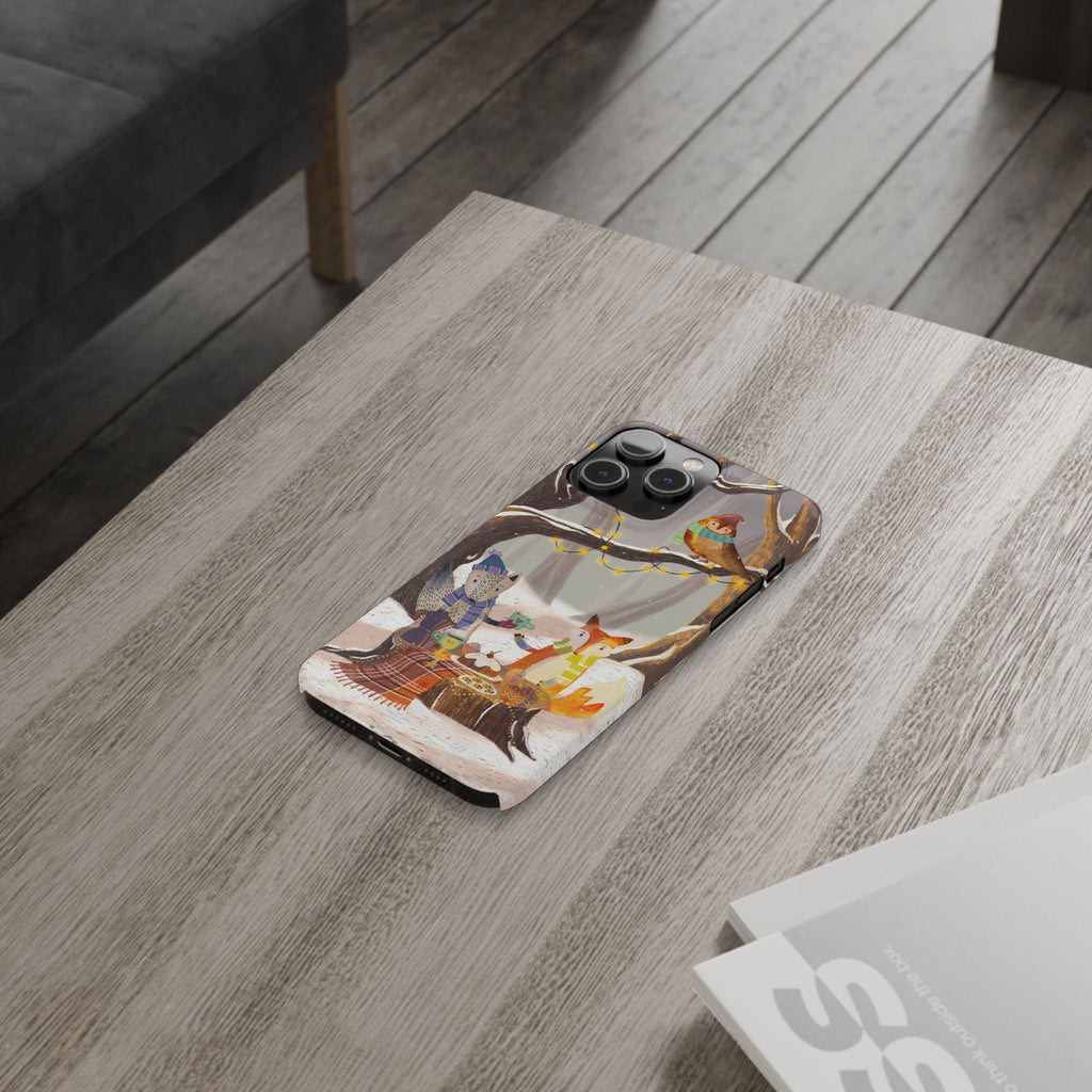 Cozy Winter Animals Slim iPhone Case, Cute Fox & Owl Design, Winter Theme Holiday Gift, Cute Phone Cover Gift, iPhone 16 15 14 13 12 11 X XR