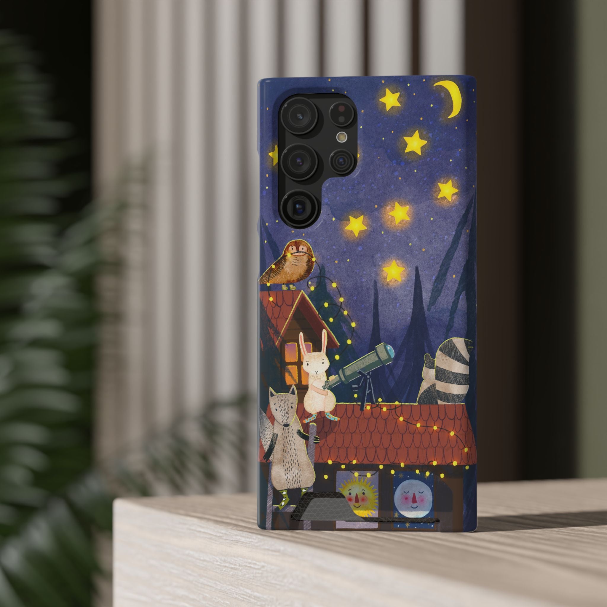 Stargazing Animals Phone Case With Card Holder - Cute Animal Design for Kids, Gift for Urban Explorers, Night Sky Vibes, Fun Accessory