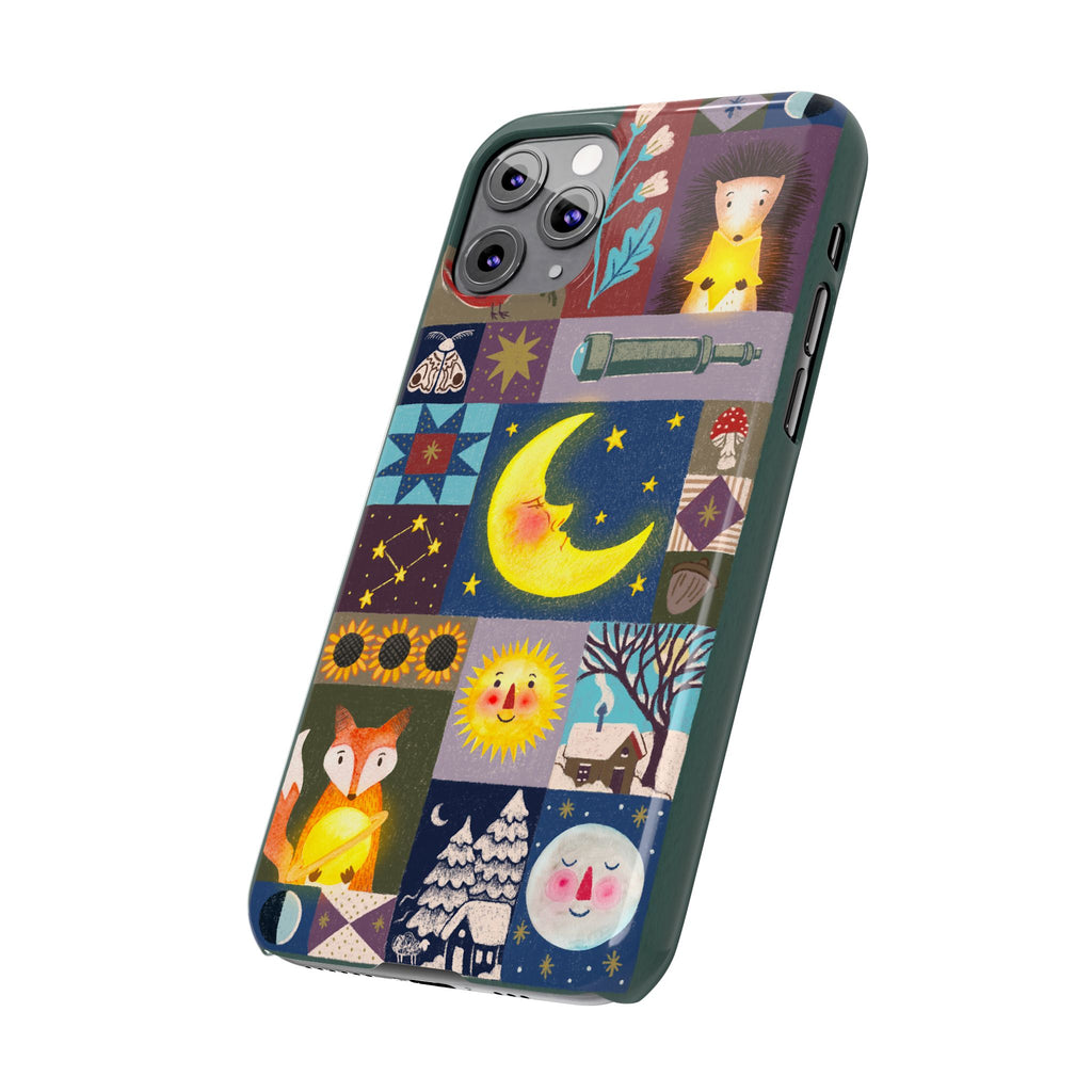 Celestial Quilt iPhone Case, Folk Art Moon Sun Fox Case, Nature Patchwork Cover, Cute Stellar Design, iPhone 7 8 X XR XS 11 12 13 14 15 16