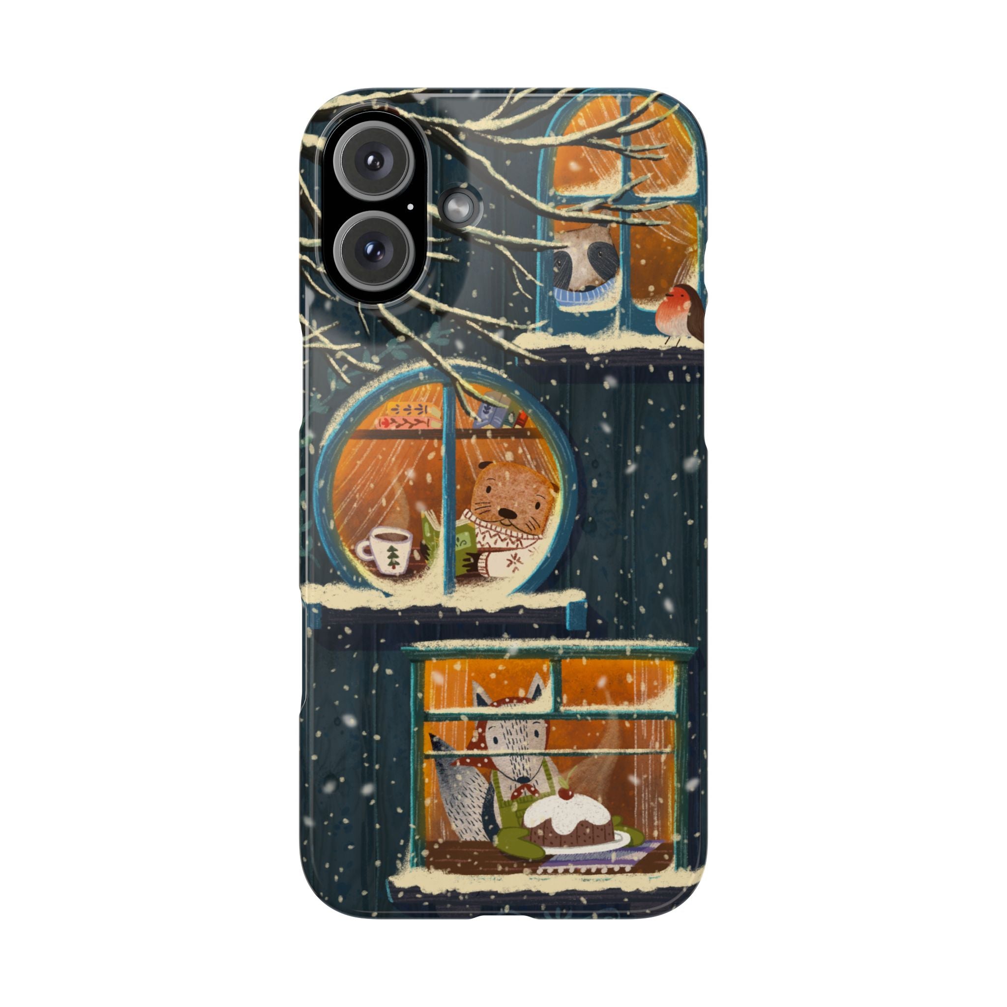 Cute Winter Animals Cozy Home iPhone Case, Woodland Cottage Cover, Treehouse at Night, Raccoon Bear Fox, iPhone 16 15 14 13 12 11 X XR 8 7