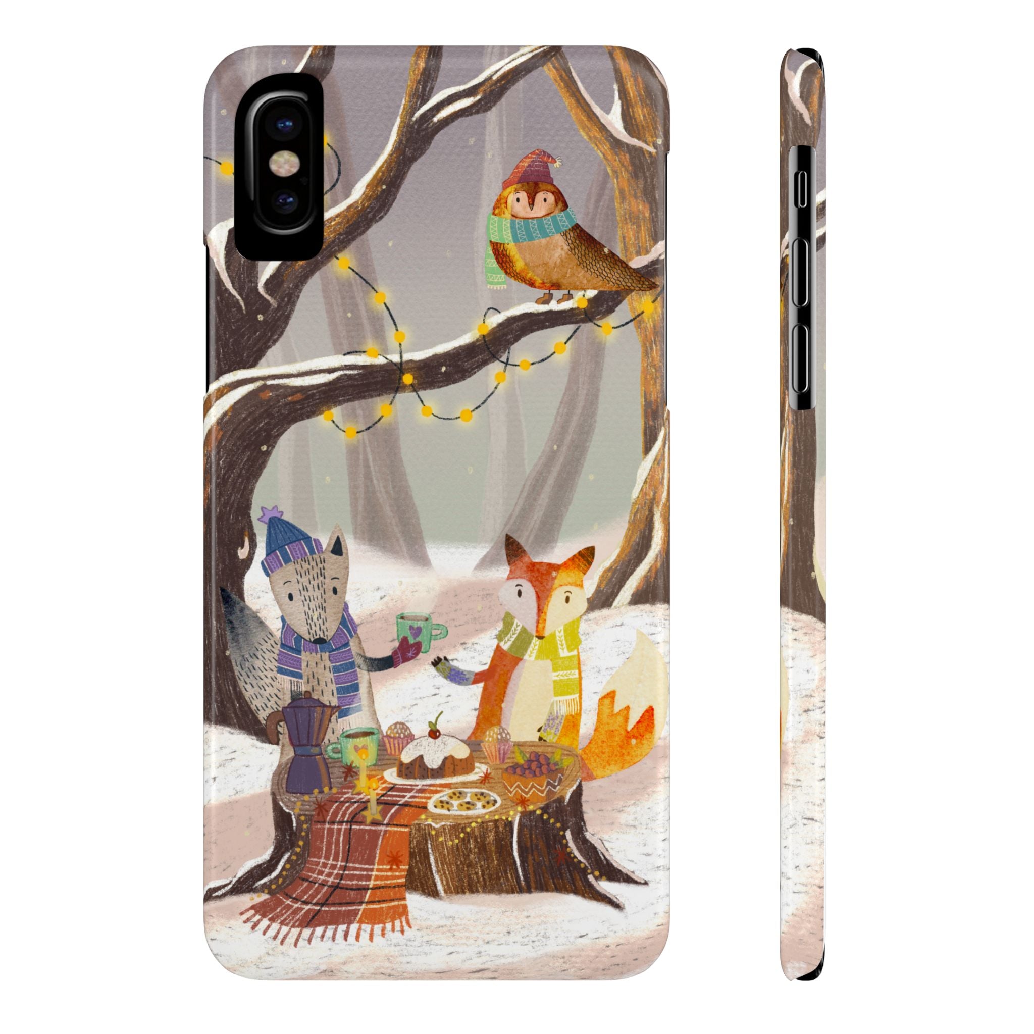 Cozy Winter Animals Slim iPhone Case, Cute Fox & Owl Design, Winter Theme Holiday Gift, Cute Phone Cover Gift, iPhone 16 15 14 13 12 11 X XR