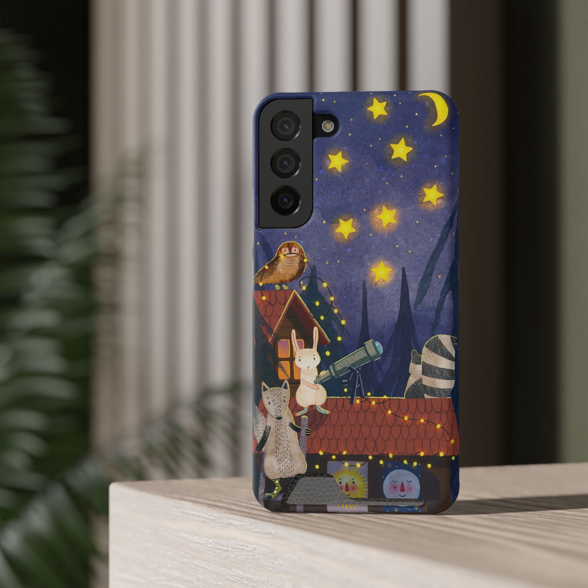 Stargazing Animals Phone Case With Card Holder - Cute Animal Design for Kids, Gift for Urban Explorers, Night Sky Vibes, Fun Accessory