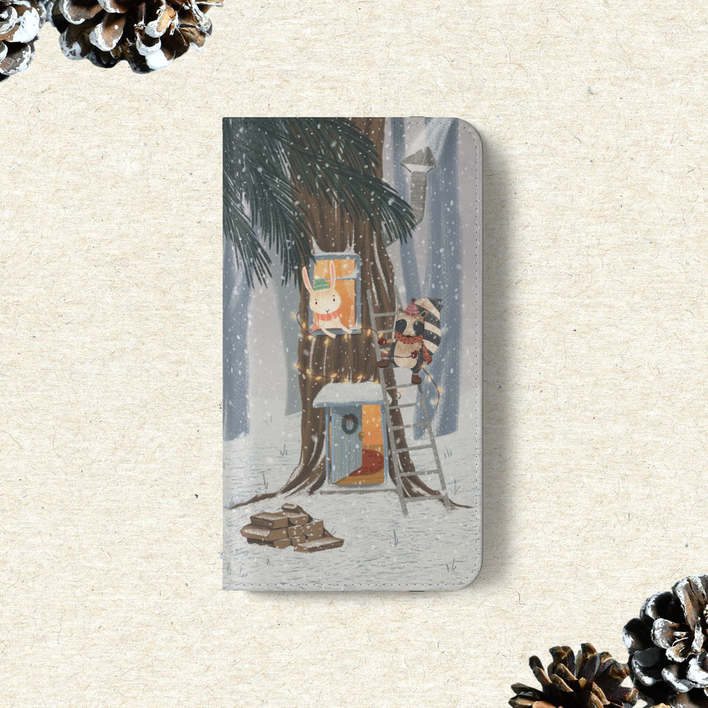 Winter Forest Friends Wallet Case, Woodland Flip Cover, Vegan Leather, Snowy Scene, Cozy Holiday, iPhone 11 12 13 14 15 16, Galaxy S21 S22