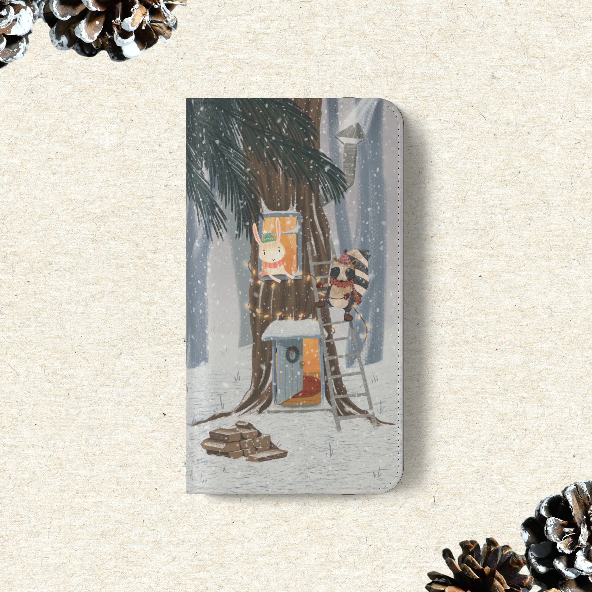 Winter Forest Friends Wallet Case, Woodland Flip Cover, Vegan Leather, Snowy Scene, Cozy Holiday, iPhone 11 12 13 14 15 16, Galaxy S21 S22