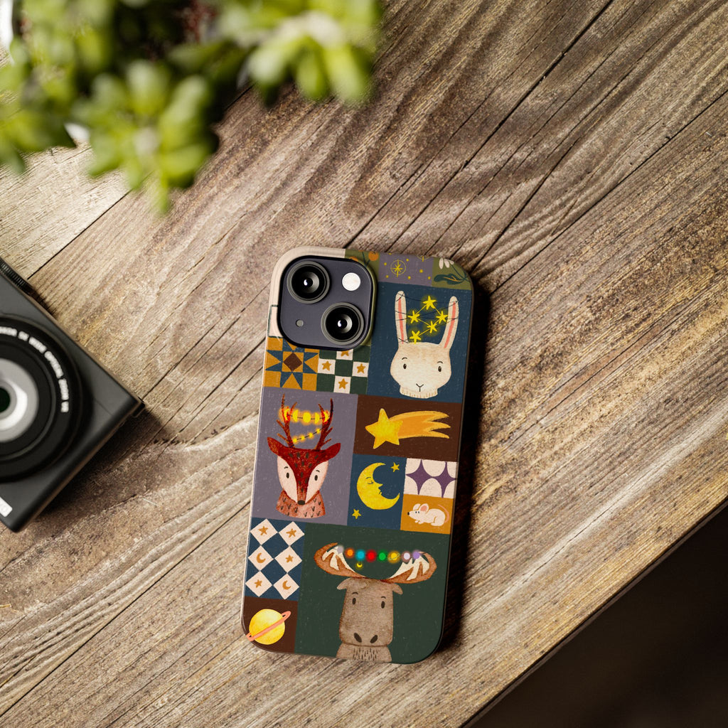 Holiday Night Sky Slim Case, Cute Forest Creatures iPhone Cover, Bunny Deer Moose, iPhone 7 8 X XR XS 11 12 13 14 15 16