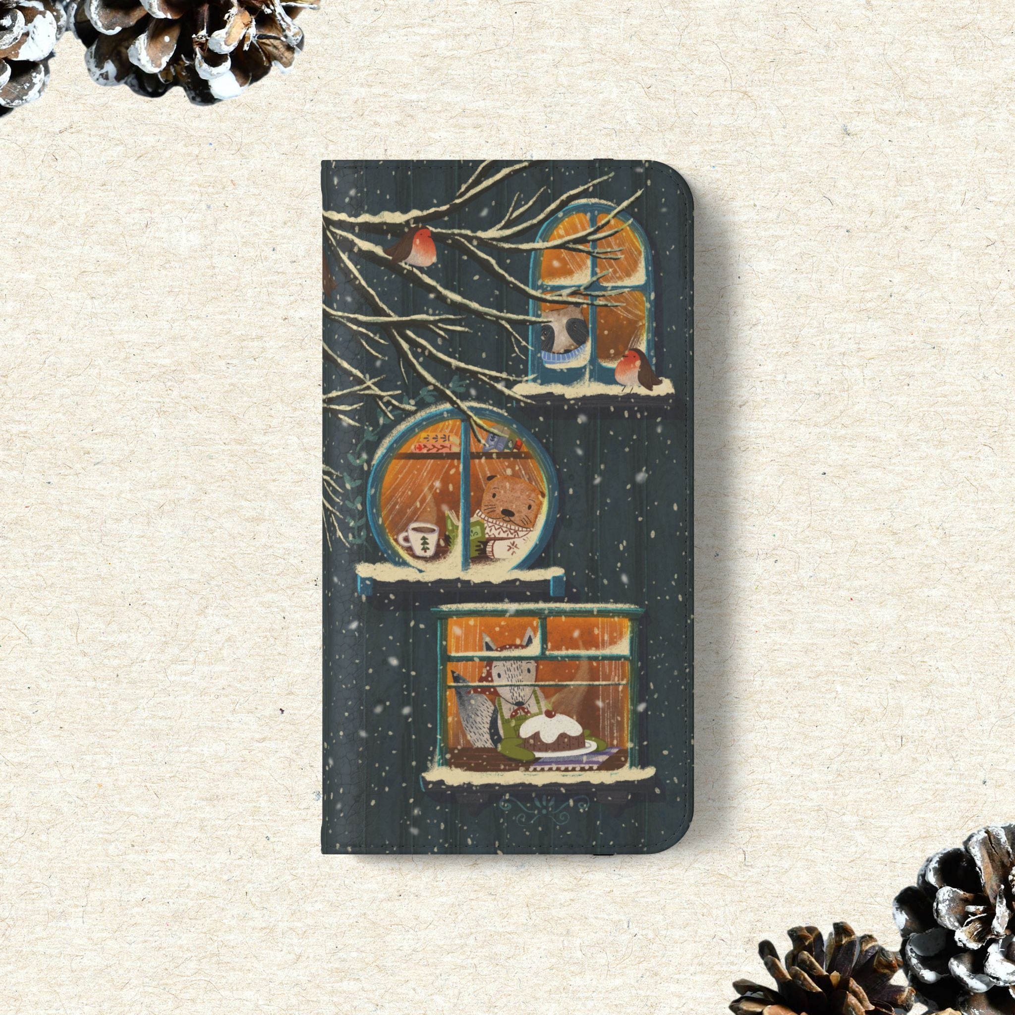 Cozy Winter Cottage Wallet Case, Cute Animals Flip Cover, Vegan Leather, Cozy Vibes, Gift Idea for iPhone 11 12 13 14 15 16, Galaxy S21 S22