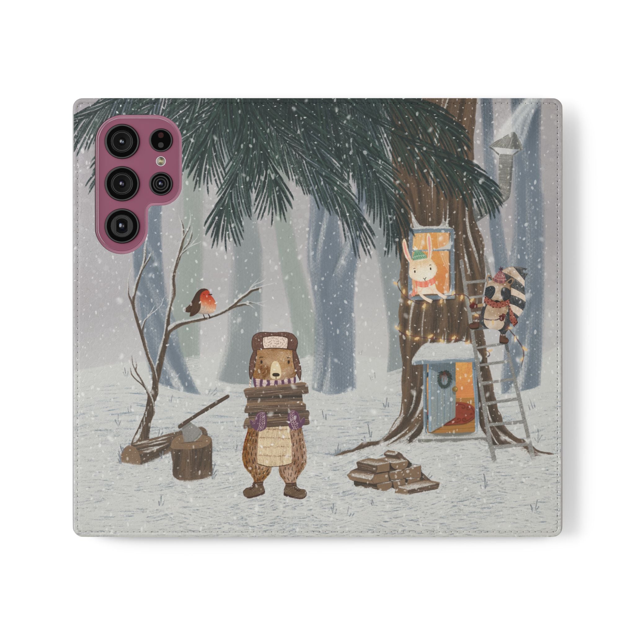 Winter Forest Friends Wallet Case, Woodland Flip Cover, Vegan Leather, Snowy Scene, Cozy Holiday, iPhone 11 12 13 14 15 16, Galaxy S21 S22