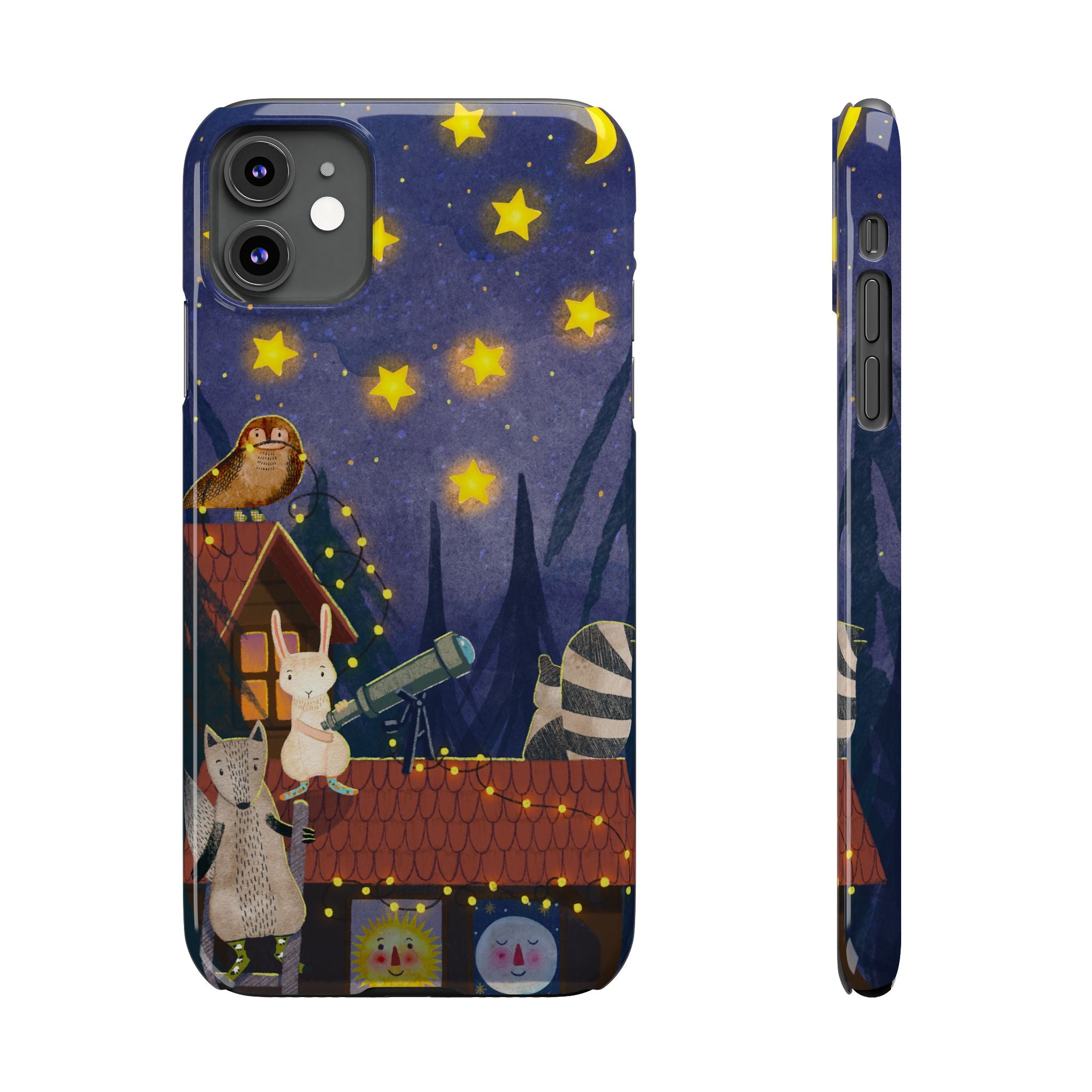 Stargazing Animals Slim iPhone Case, Night Sky Observatory Cover, Cute Forest Gift, Starry Night Gift, iPhone 16 15 14 13 12 11 X XR XS 8 7
