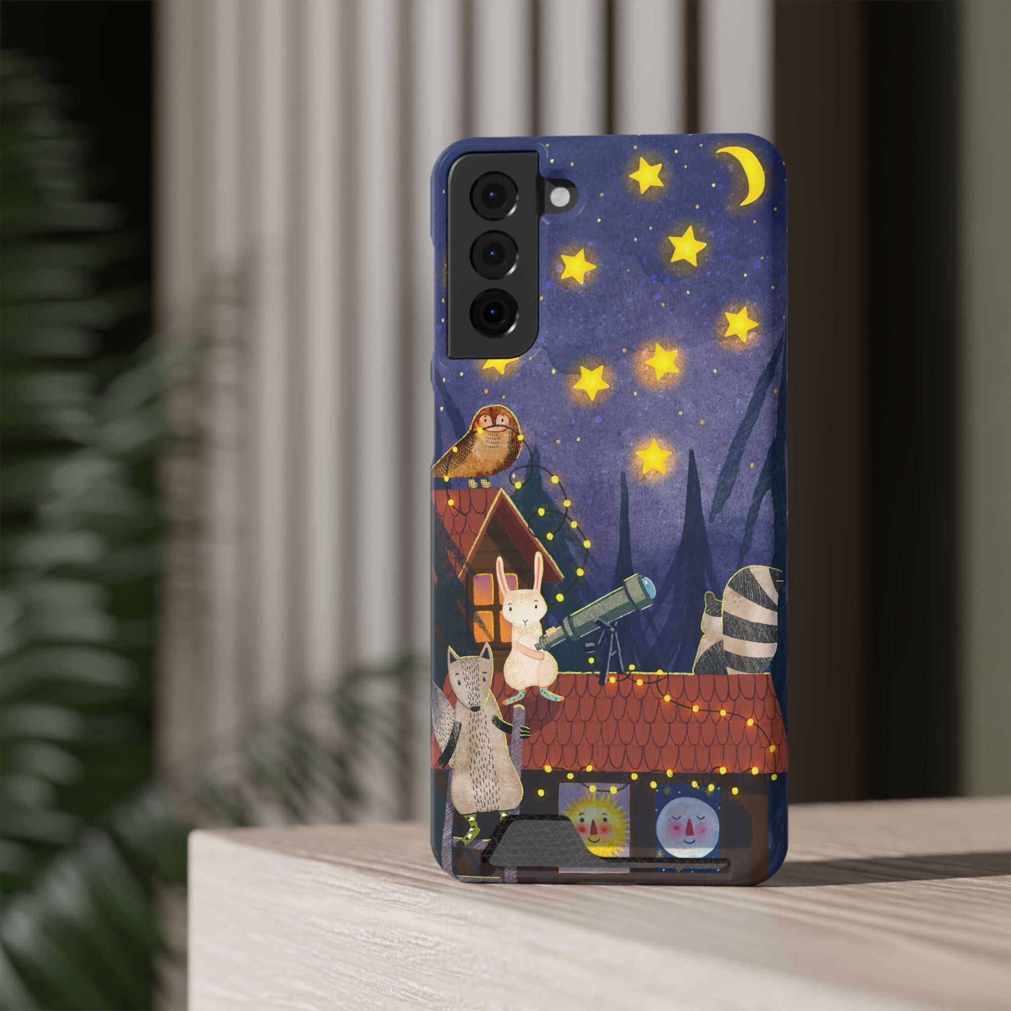 Stargazing Animals Phone Case With Card Holder - Cute Animal Design for Kids, Gift for Urban Explorers, Night Sky Vibes, Fun Accessory