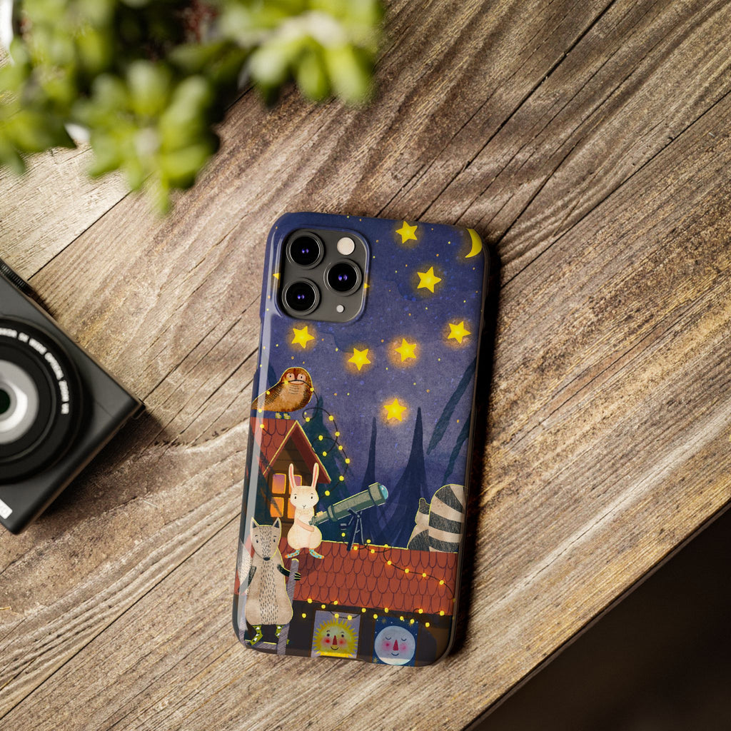 Stargazing Animals Slim iPhone Case, Night Sky Observatory Cover, Cute Forest Gift, Starry Night Gift, iPhone 16 15 14 13 12 11 X XR XS 8 7