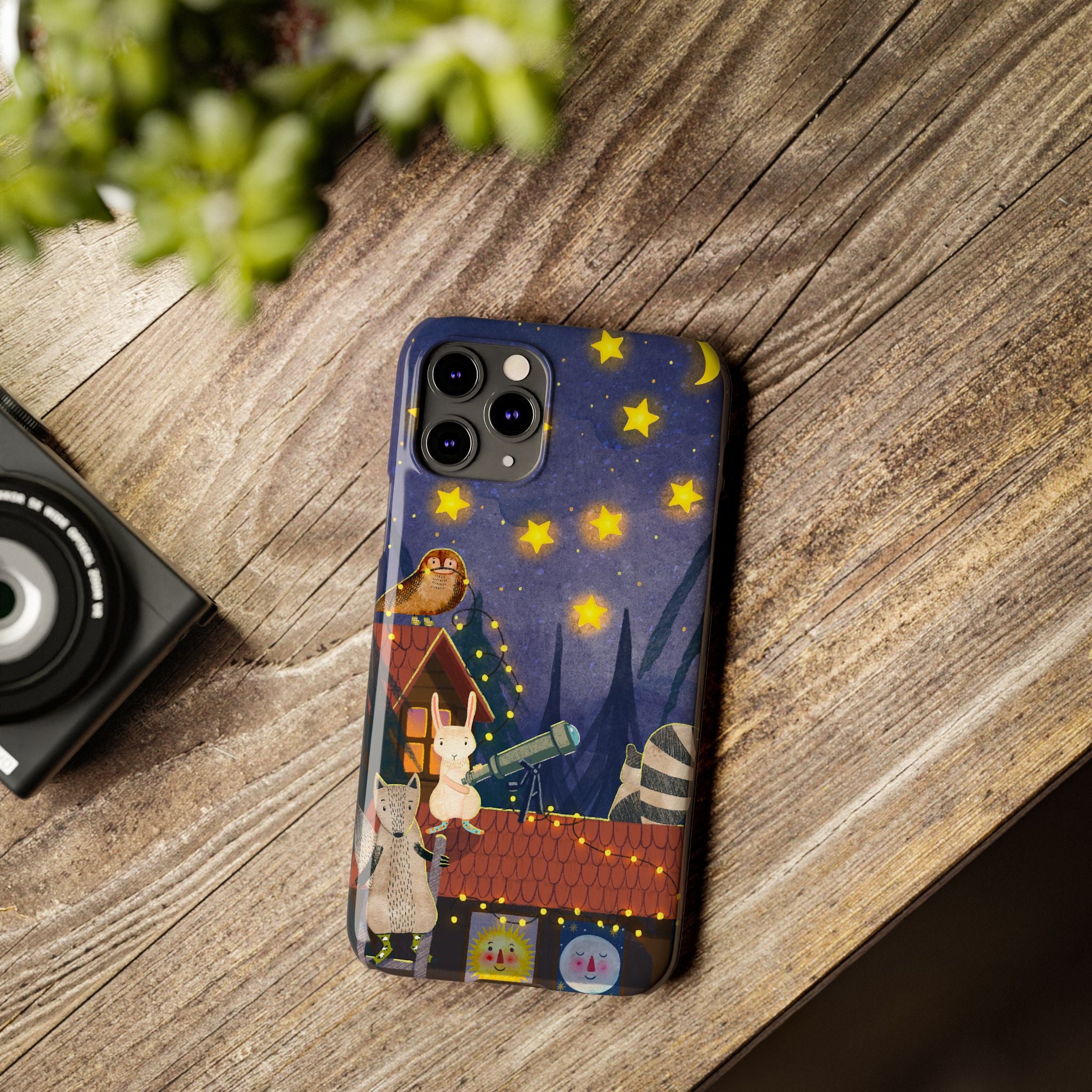 Stargazing Animals Slim iPhone Case, Night Sky Observatory Cover, Cute Forest Gift, Starry Night Gift, iPhone 16 15 14 13 12 11 X XR XS 8 7