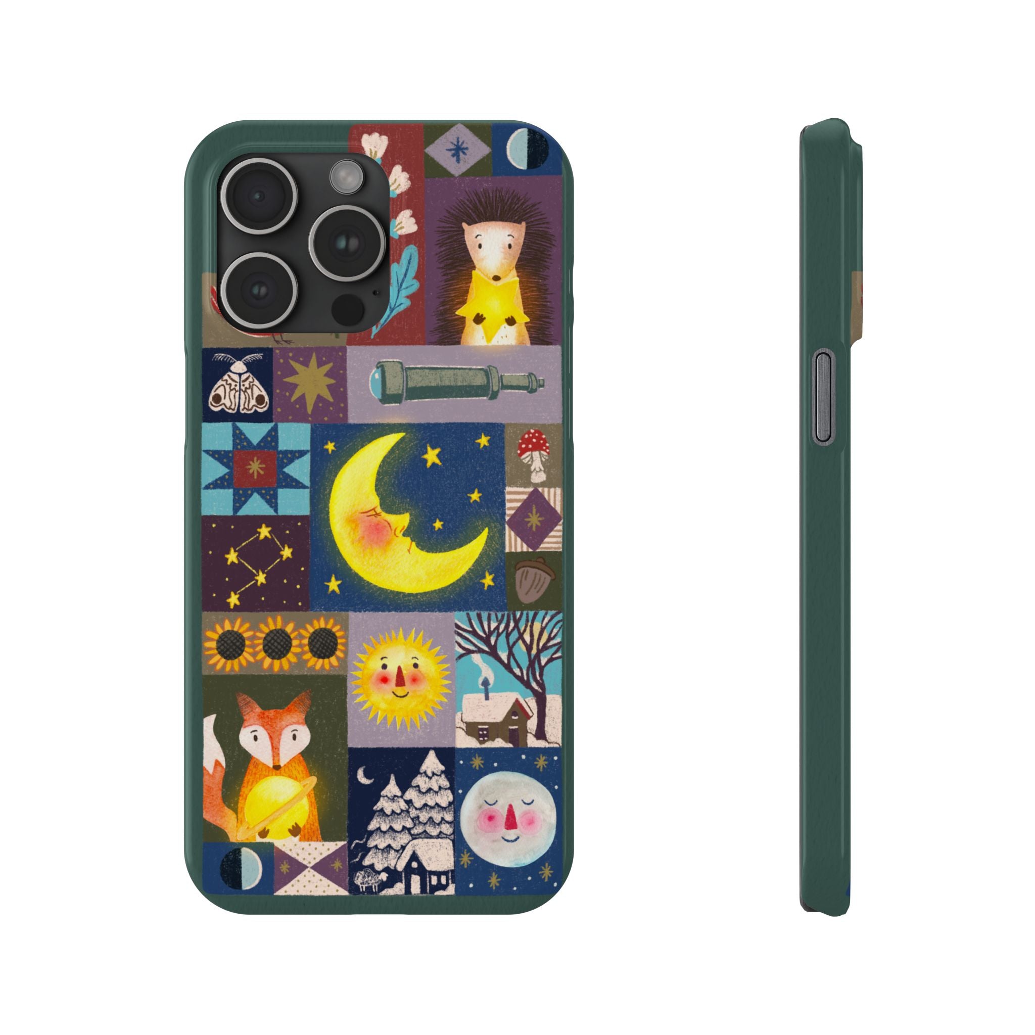 Celestial Quilt iPhone Case, Folk Art Moon Sun Fox Case, Nature Patchwork Cover, Cute Stellar Design, iPhone 7 8 X XR XS 11 12 13 14 15 16
