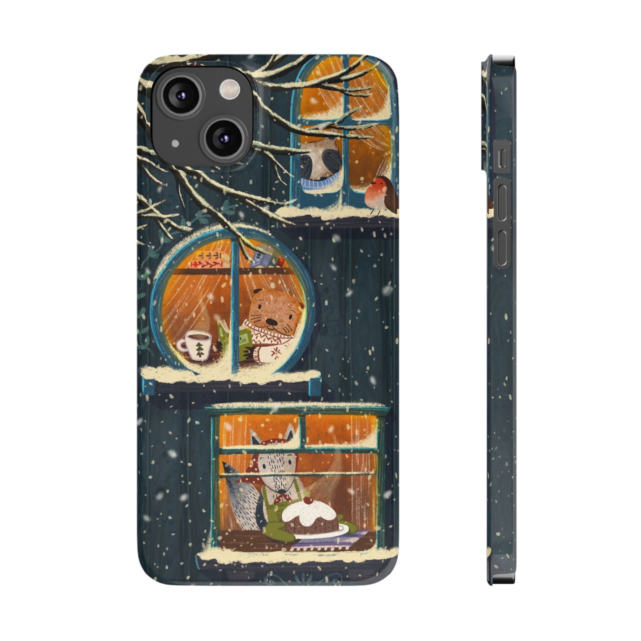 Cute Winter Animals Cozy Home iPhone Case, Woodland Cottage Cover, Treehouse at Night, Raccoon Bear Fox, iPhone 16 15 14 13 12 11 X XR 8 7