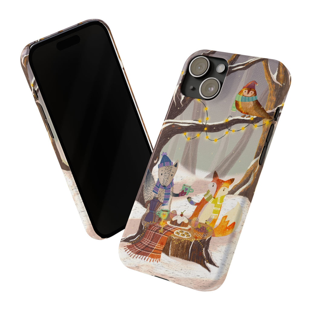 Cozy Winter Animals Slim iPhone Case, Cute Fox & Owl Design, Winter Theme Holiday Gift, Cute Phone Cover Gift, iPhone 16 15 14 13 12 11 X XR