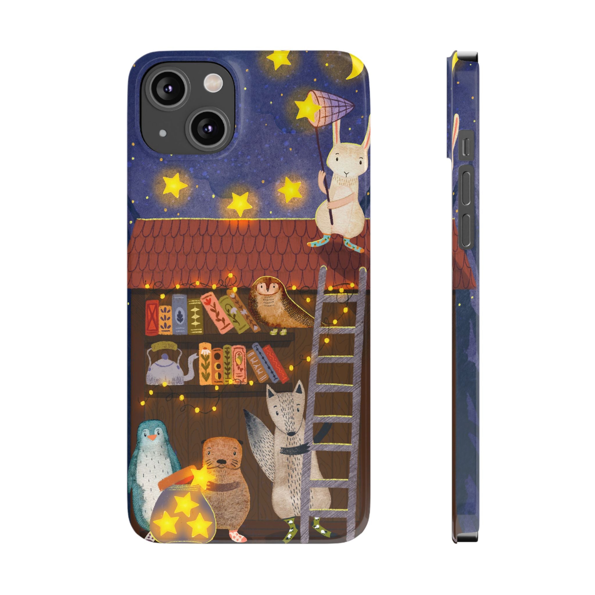 Starlit Library Phone Case, Woodland Animals iPhone Case, Cozy Night Scene Cover, Cute Animals Case Gift, iPhone 7 8 X XR 11 12 13 14 15 16