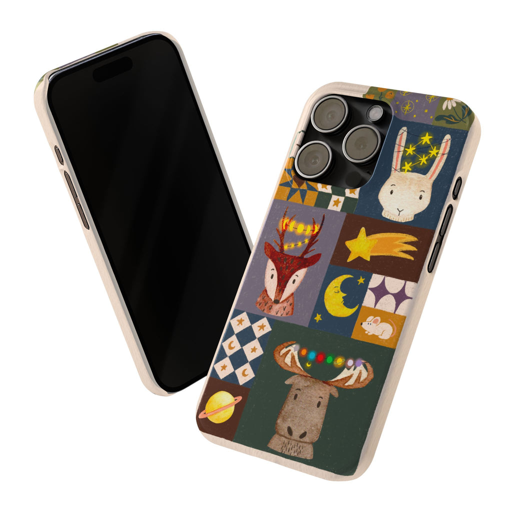 Holiday Night Sky Slim Case, Cute Forest Creatures iPhone Cover, Bunny Deer Moose, iPhone 7 8 X XR XS 11 12 13 14 15 16