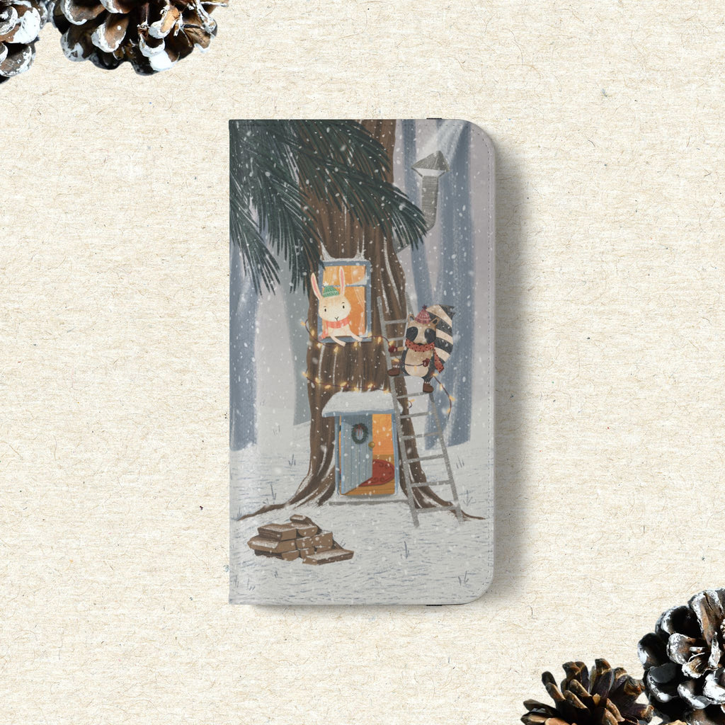 Winter Forest Friends Wallet Case, Woodland Flip Cover, Vegan Leather, Snowy Scene, Cozy Holiday, iPhone 11 12 13 14 15 16, Galaxy S21 S22