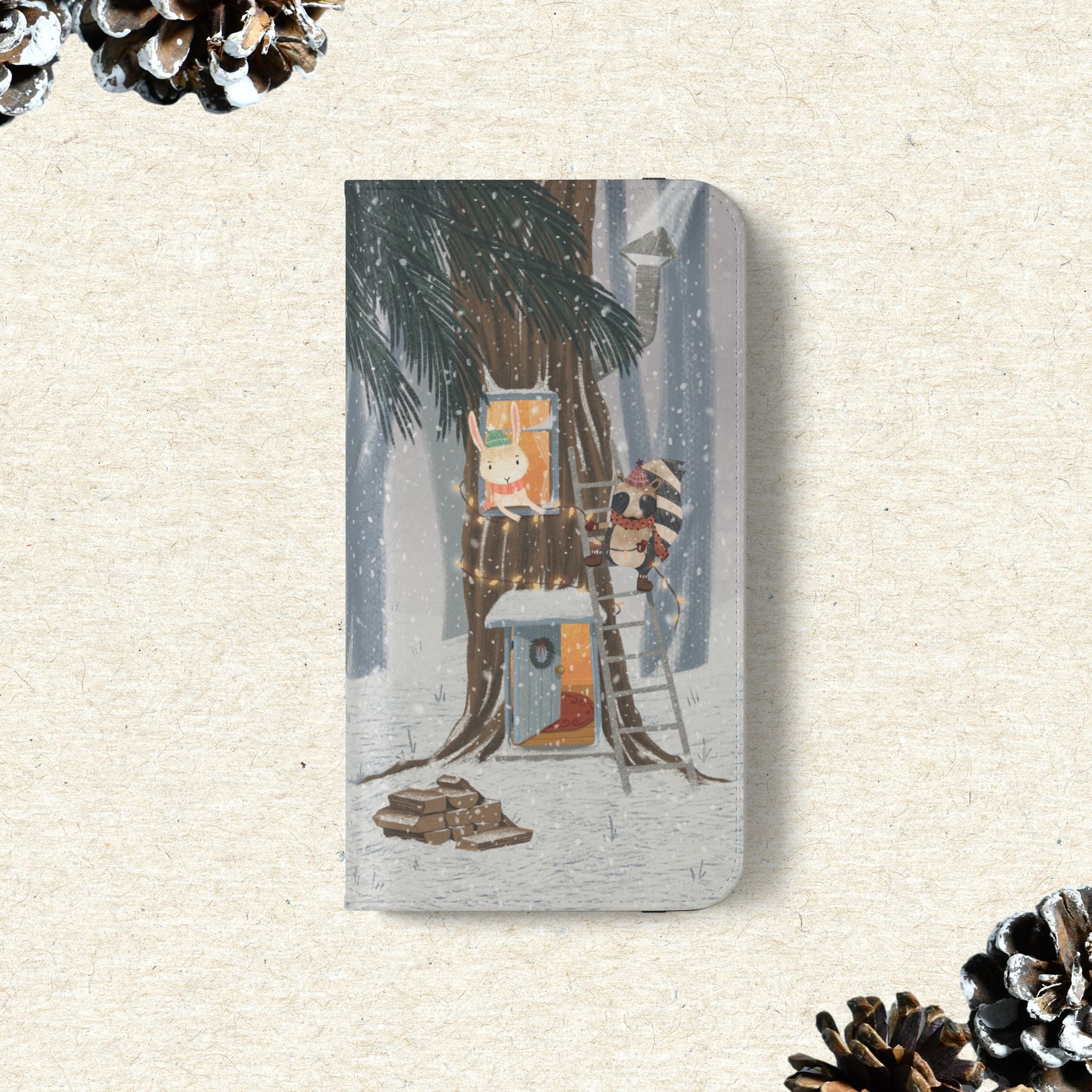 Winter Forest Friends Wallet Case, Woodland Flip Cover, Vegan Leather, Snowy Scene, Cozy Holiday, iPhone 11 12 13 14 15 16, Galaxy S21 S22
