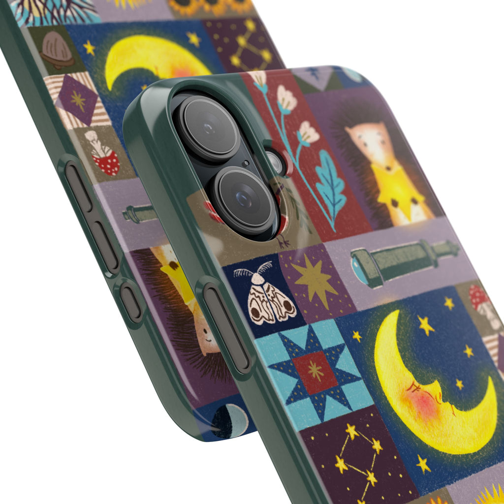 Celestial Quilt iPhone Case, Folk Art Moon Sun Fox Case, Nature Patchwork Cover, Cute Stellar Design, iPhone 7 8 X XR XS 11 12 13 14 15 16