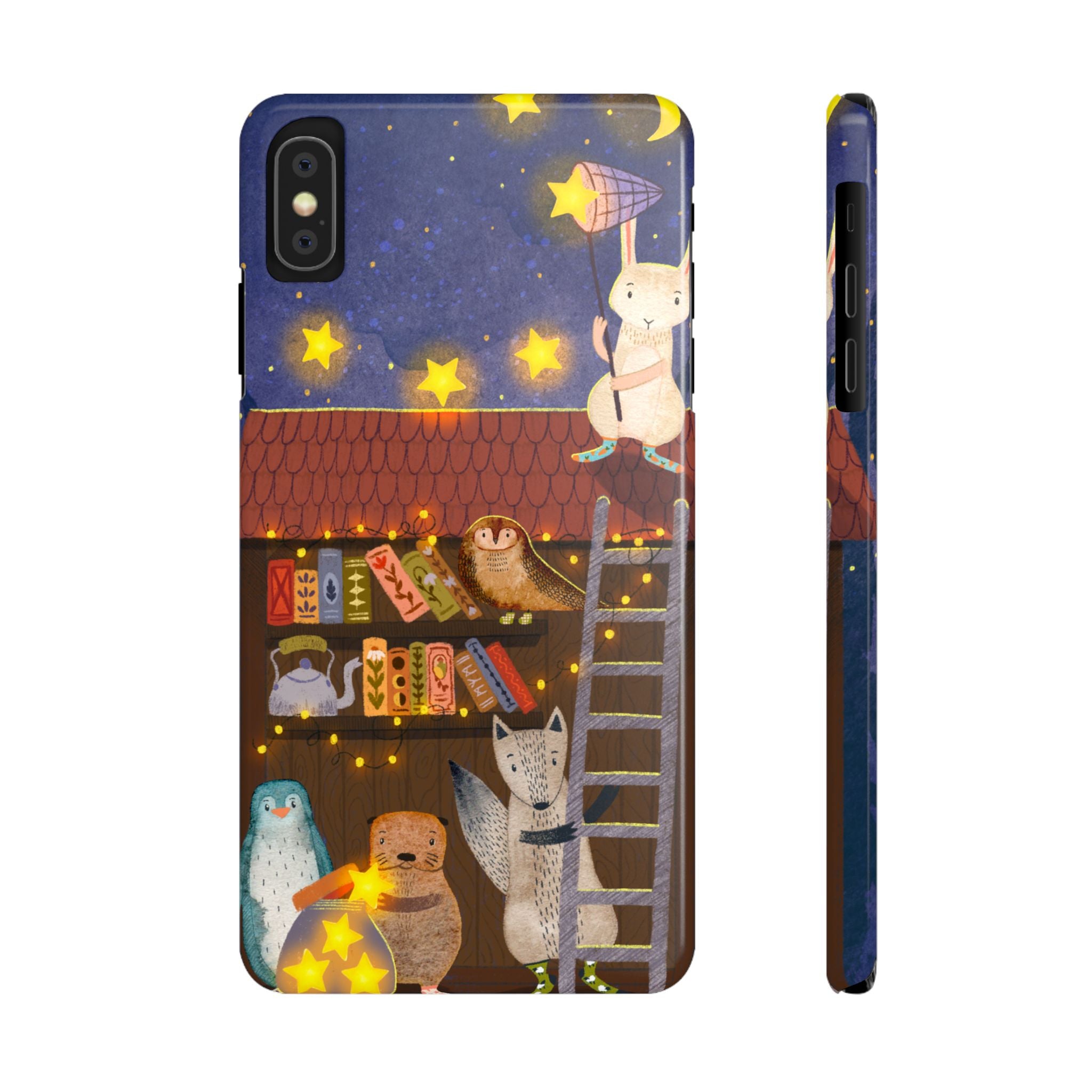 Starlit Library Phone Case, Woodland Animals iPhone Case, Cozy Night Scene Cover, Cute Animals Case Gift, iPhone 7 8 X XR 11 12 13 14 15 16