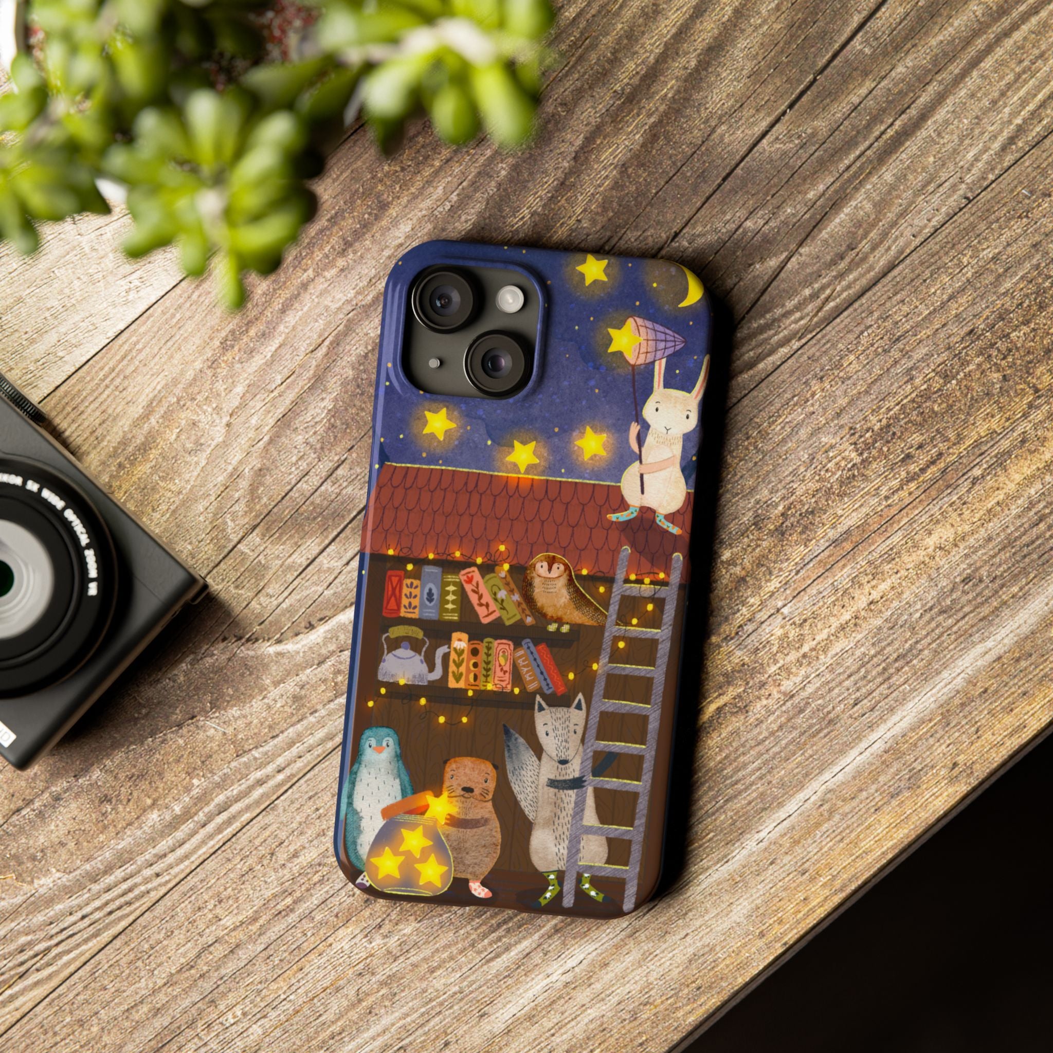 Starlit Library Phone Case, Woodland Animals iPhone Case, Cozy Night Scene Cover, Cute Animals Case Gift, iPhone 7 8 X XR 11 12 13 14 15 16
