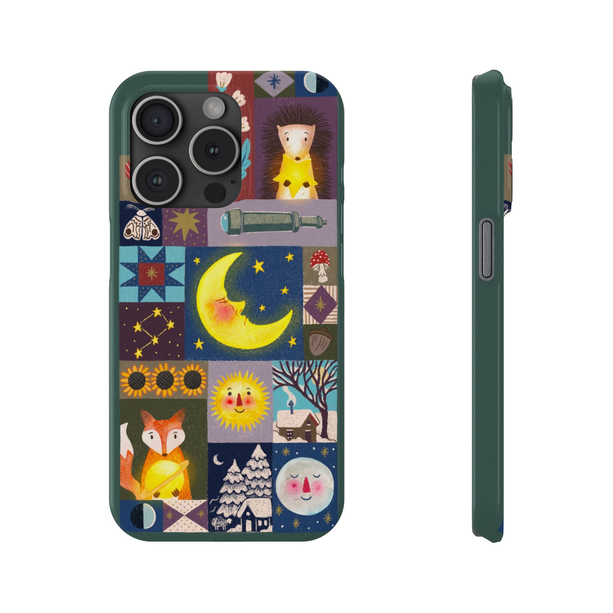 Celestial Quilt iPhone Case, Folk Art Moon Sun Fox Case, Nature Patchwork Cover, Cute Stellar Design, iPhone 7 8 X XR XS 11 12 13 14 15 16