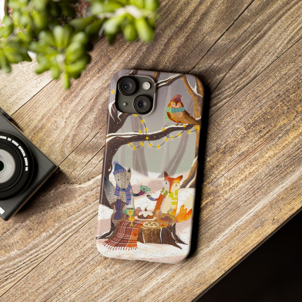 Cozy Winter Animals Slim iPhone Case, Cute Fox & Owl Design, Winter Theme Holiday Gift, Cute Phone Cover Gift, iPhone 16 15 14 13 12 11 X XR