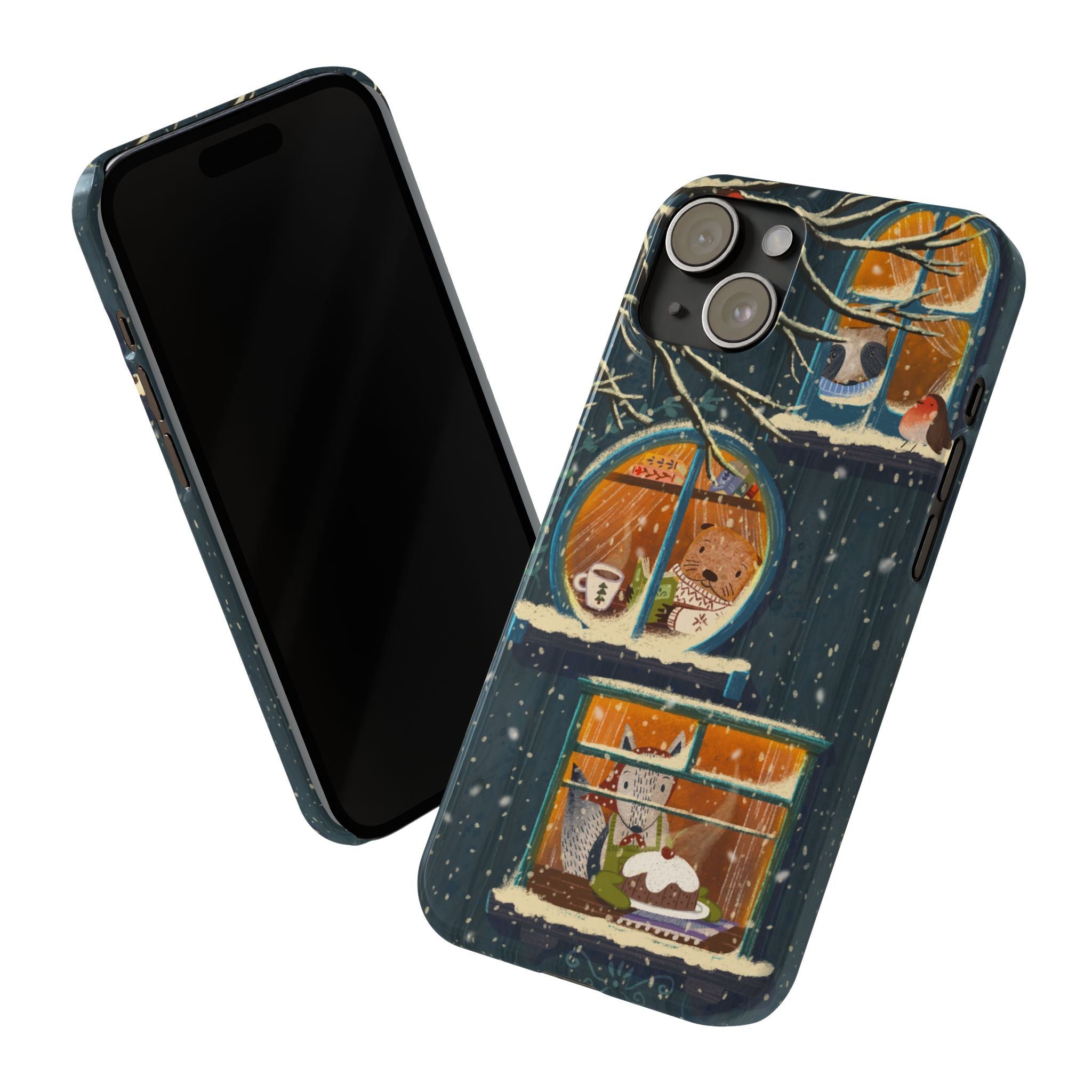 Cute Winter Animals Cozy Home iPhone Case, Woodland Cottage Cover, Treehouse at Night, Raccoon Bear Fox, iPhone 16 15 14 13 12 11 X XR 8 7