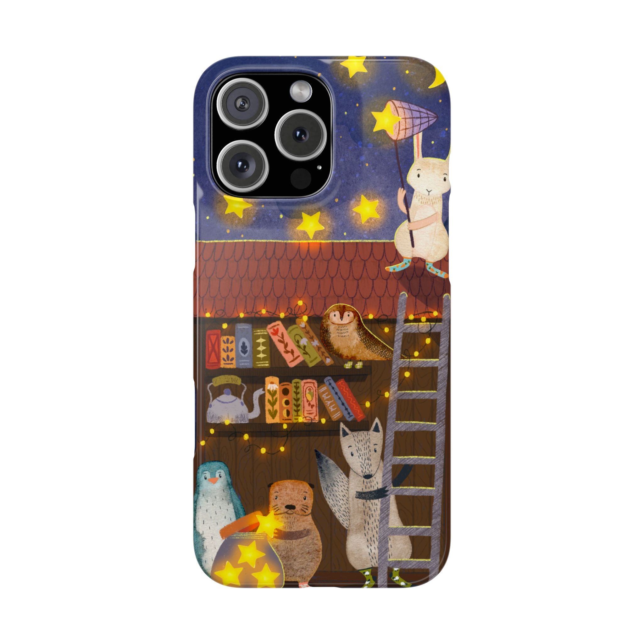 Starlit Library Phone Case, Woodland Animals iPhone Case, Cozy Night Scene Cover, Cute Animals Case Gift, iPhone 7 8 X XR 11 12 13 14 15 16