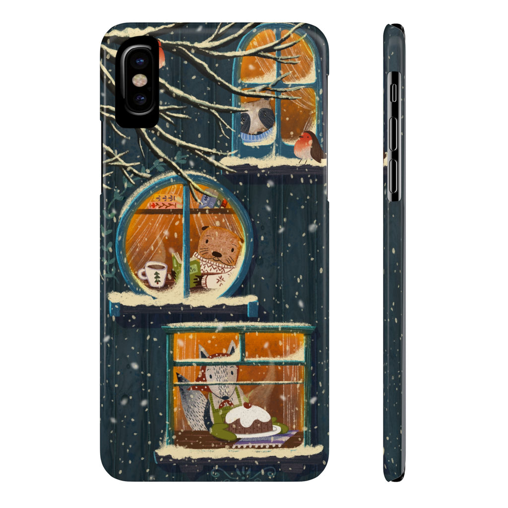 Cute Winter Animals Cozy Home iPhone Case, Woodland Cottage Cover, Treehouse at Night, Raccoon Bear Fox, iPhone 16 15 14 13 12 11 X XR 8 7