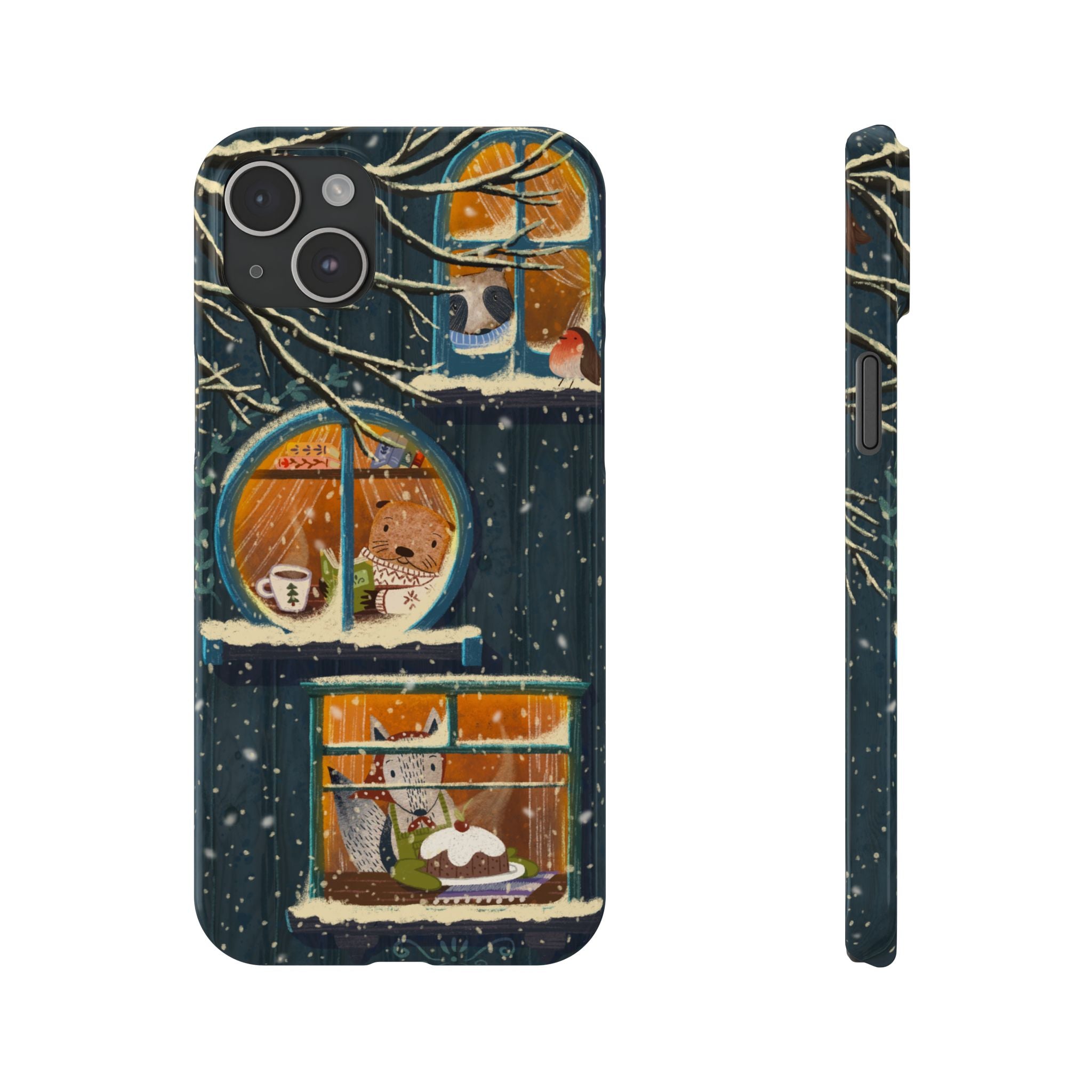 Cute Winter Animals Cozy Home iPhone Case, Woodland Cottage Cover, Treehouse at Night, Raccoon Bear Fox, iPhone 16 15 14 13 12 11 X XR 8 7