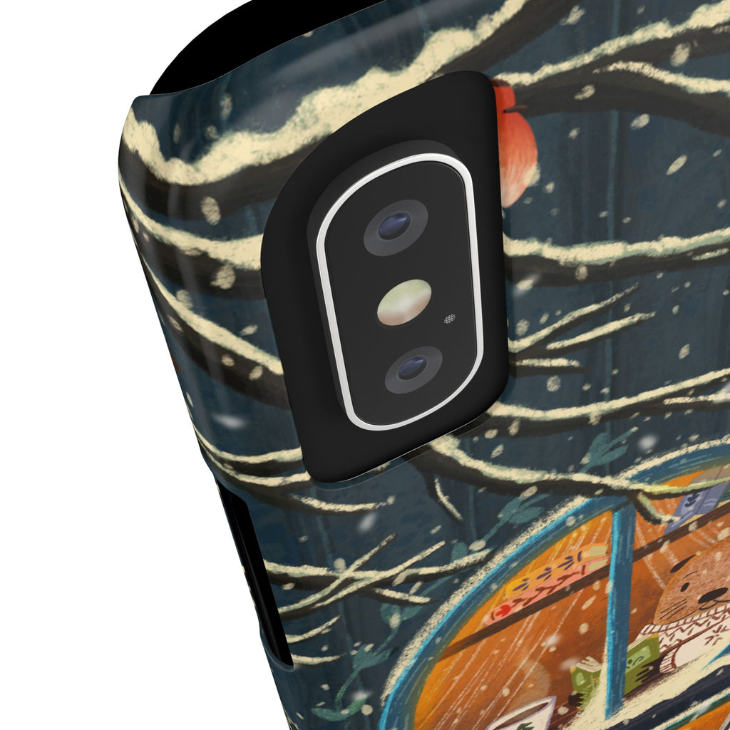 Cute Winter Animals Cozy Home iPhone Case, Woodland Cottage Cover, Treehouse at Night, Raccoon Bear Fox, iPhone 16 15 14 13 12 11 X XR 8 7