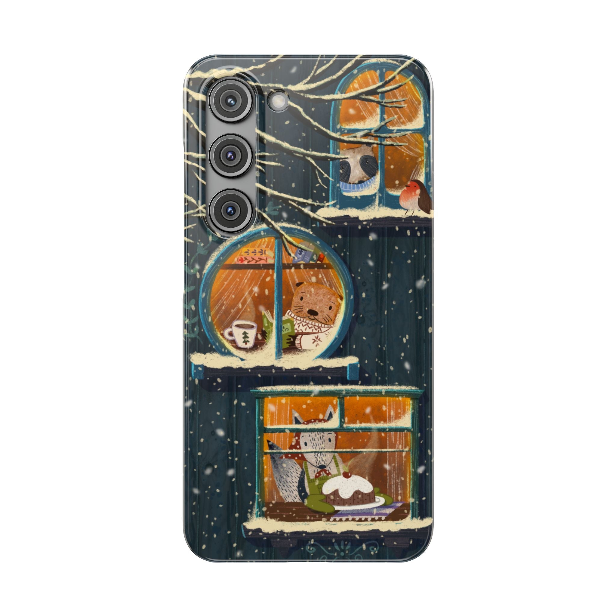 Cute Winter Animals Cozy Home iPhone Case, Woodland Cottage Cover, Treehouse at Night, Raccoon Bear Fox, iPhone 16 15 14 13 12 11 X XR 8 7