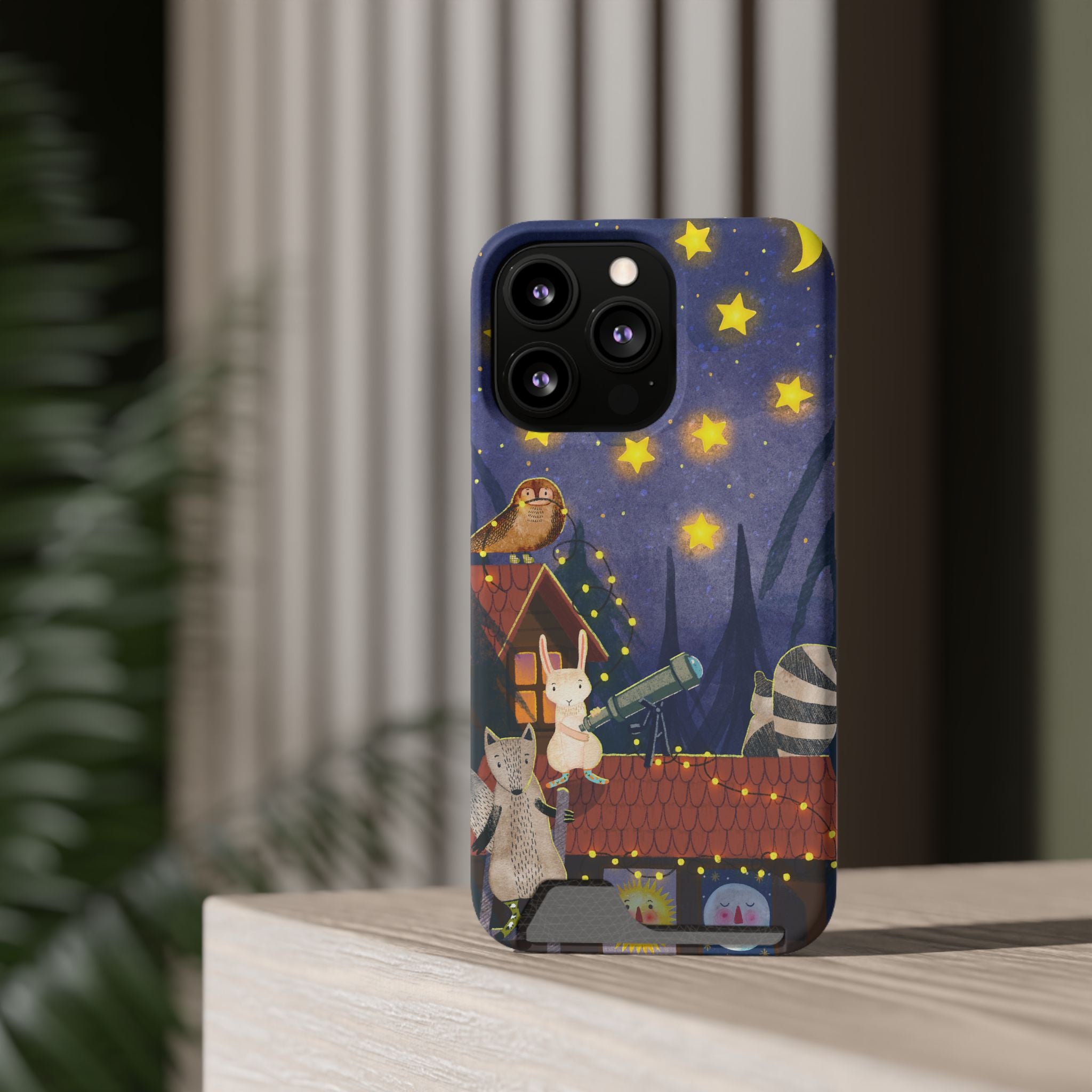 Stargazing Animals Phone Case With Card Holder - Cute Animal Design for Kids, Gift for Urban Explorers, Night Sky Vibes, Fun Accessory
