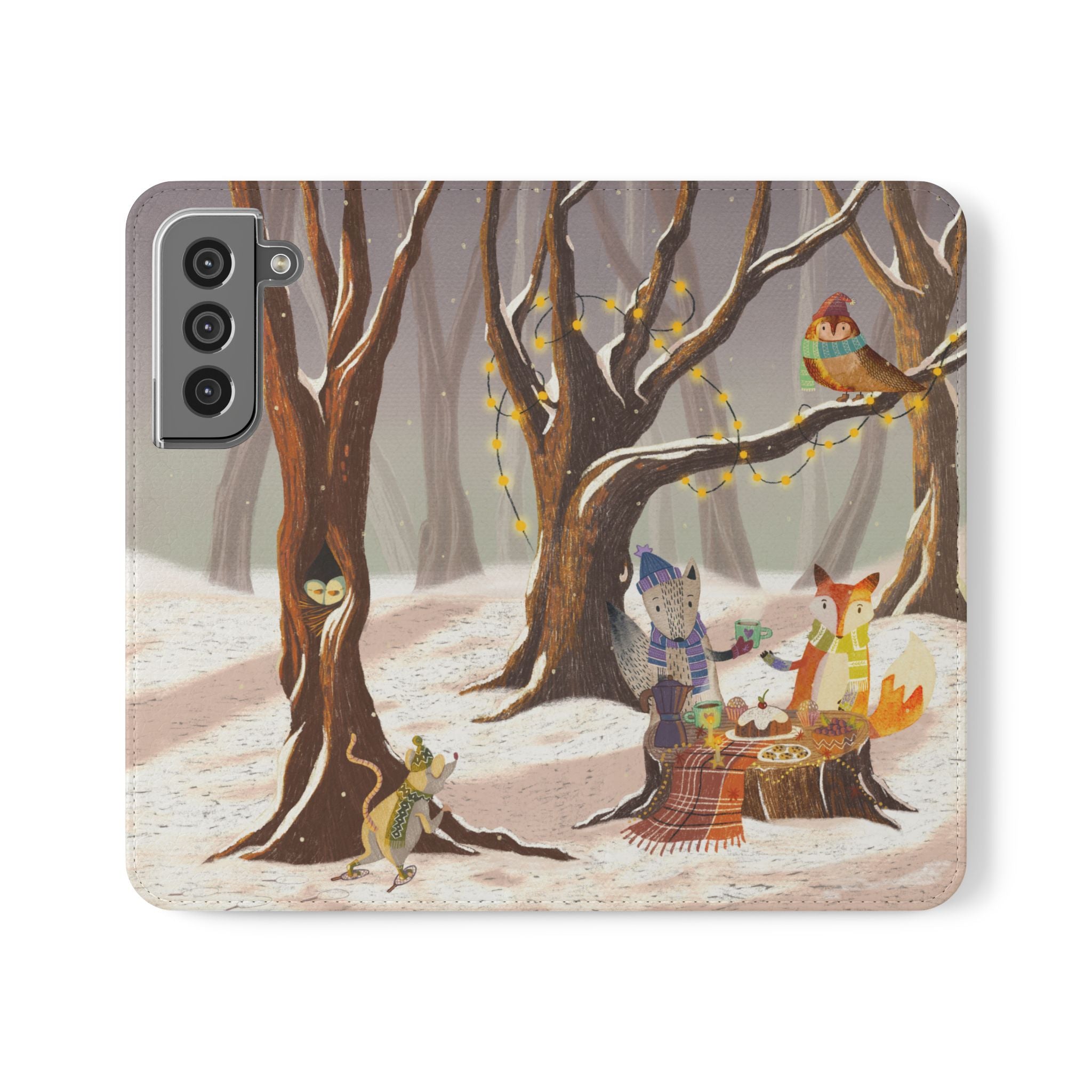 Winter Forest Tea Party Wallet Case, Woodland Animals Phone Flip Cover, Vegan Leather Case, iPhone 11 12 13 14 15 16, Galaxy Ultra S21 S22