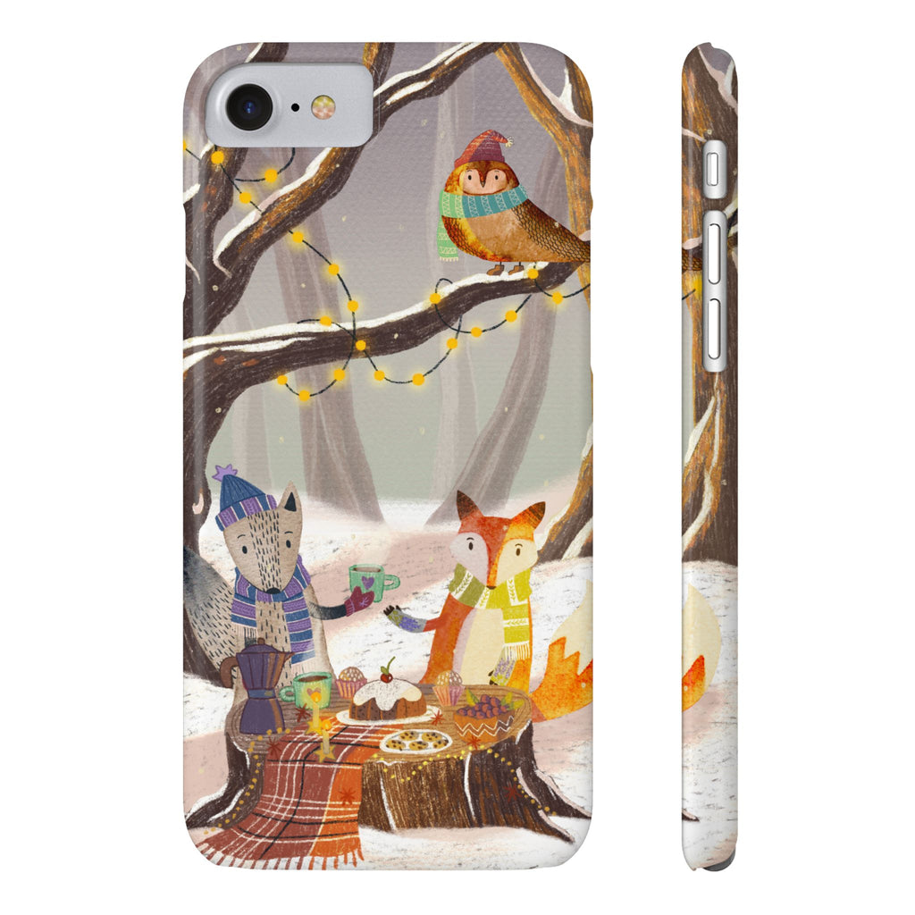 Cozy Winter Animals Slim iPhone Case, Cute Fox & Owl Design, Winter Theme Holiday Gift, Cute Phone Cover Gift, iPhone 16 15 14 13 12 11 X XR