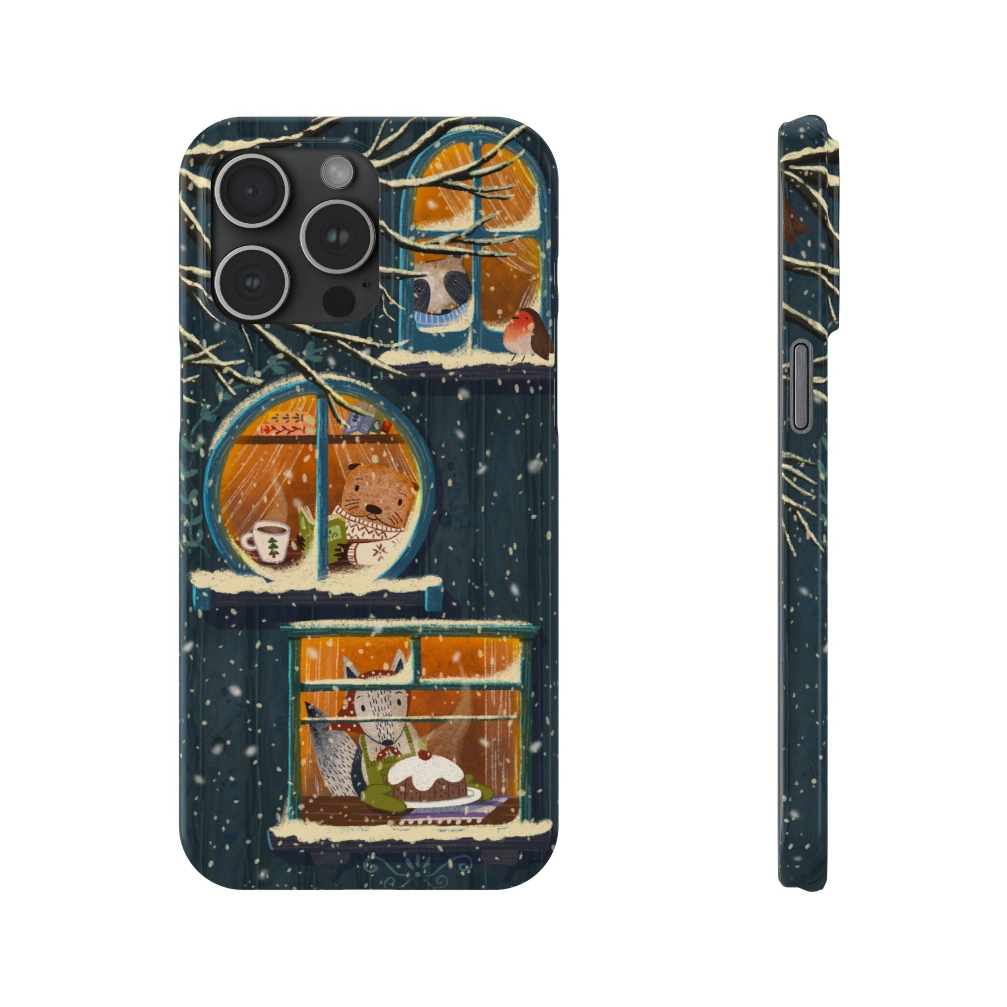 Cute Winter Animals Cozy Home iPhone Case, Woodland Cottage Cover, Treehouse at Night, Raccoon Bear Fox, iPhone 16 15 14 13 12 11 X XR 8 7