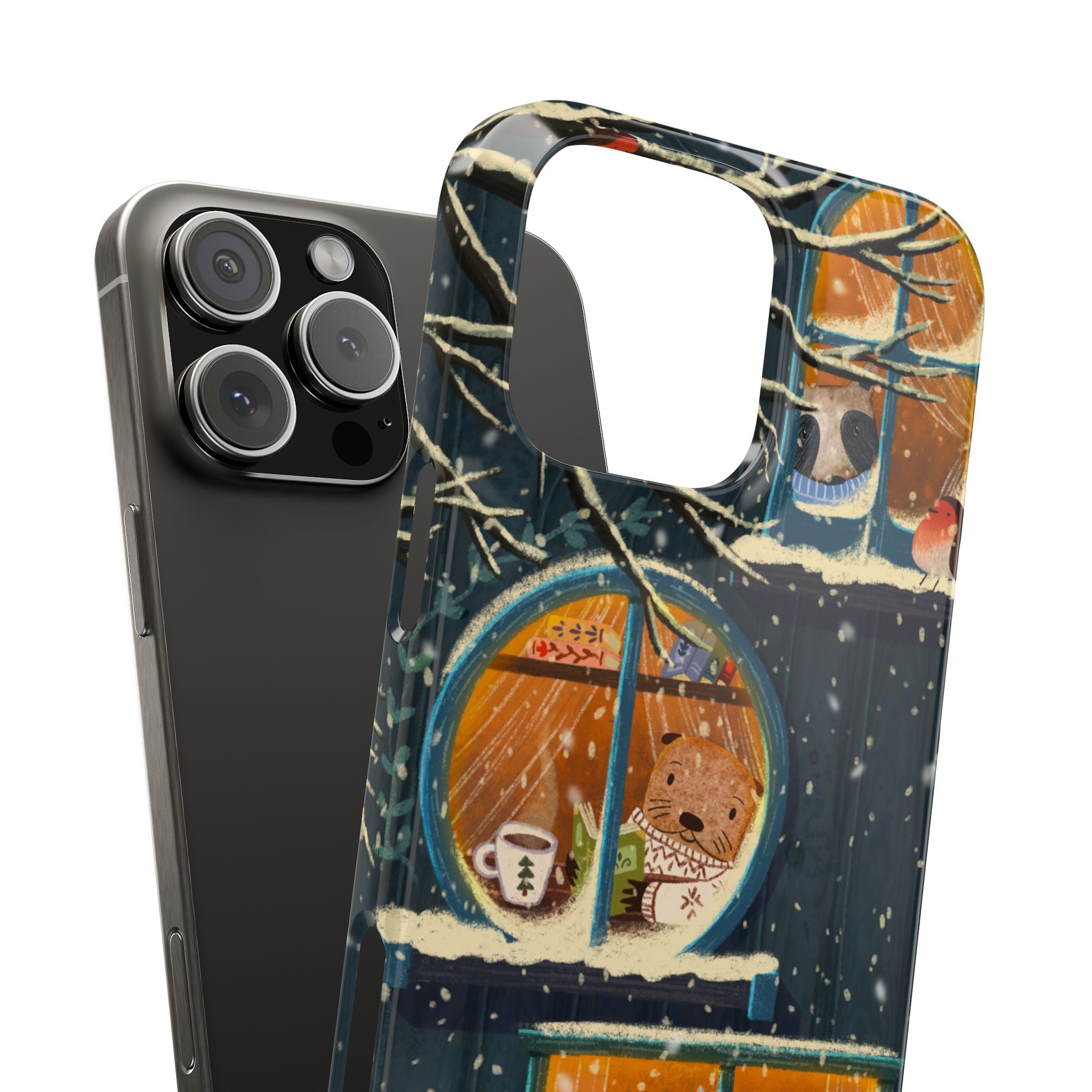 Cute Winter Animals Cozy Home iPhone Case, Woodland Cottage Cover, Treehouse at Night, Raccoon Bear Fox, iPhone 16 15 14 13 12 11 X XR 8 7