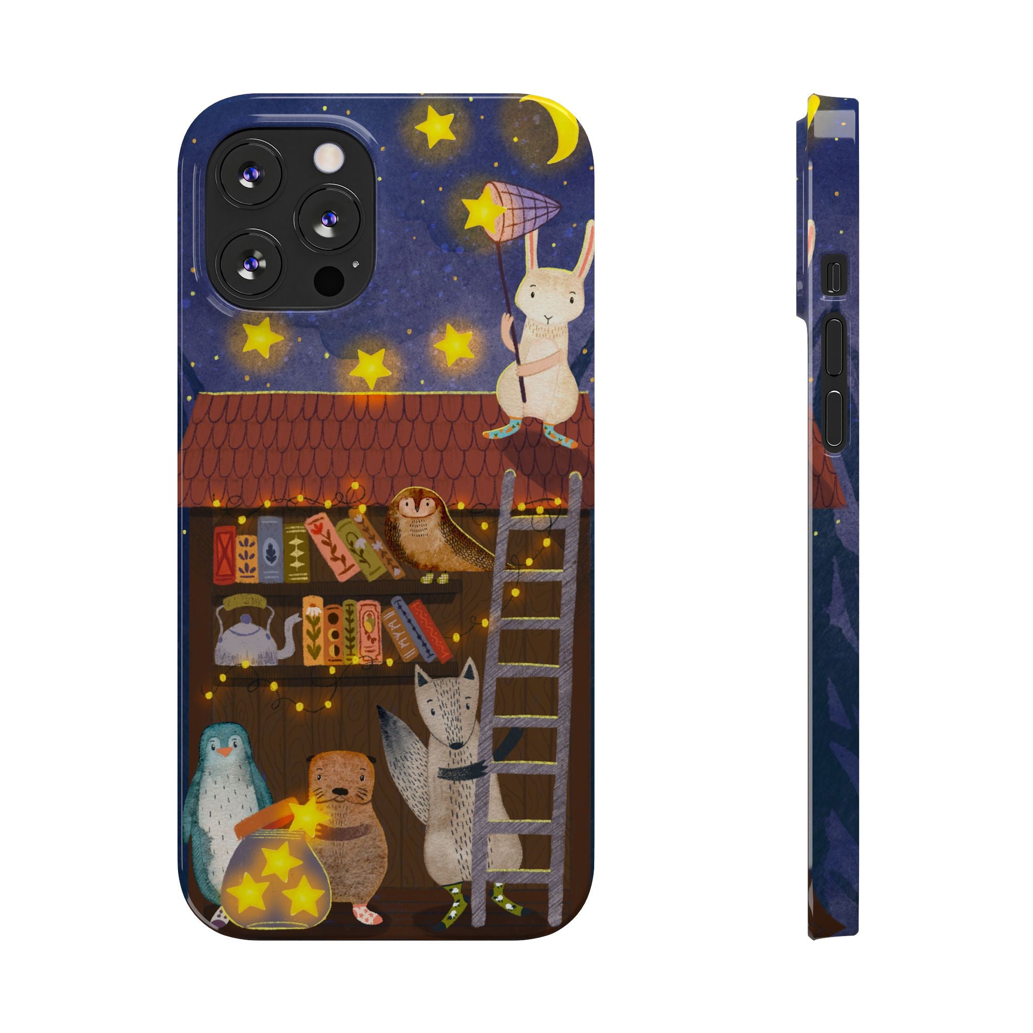 Starlit Library Phone Case, Woodland Animals iPhone Case, Cozy Night Scene Cover, Cute Animals Case Gift, iPhone 7 8 X XR 11 12 13 14 15 16